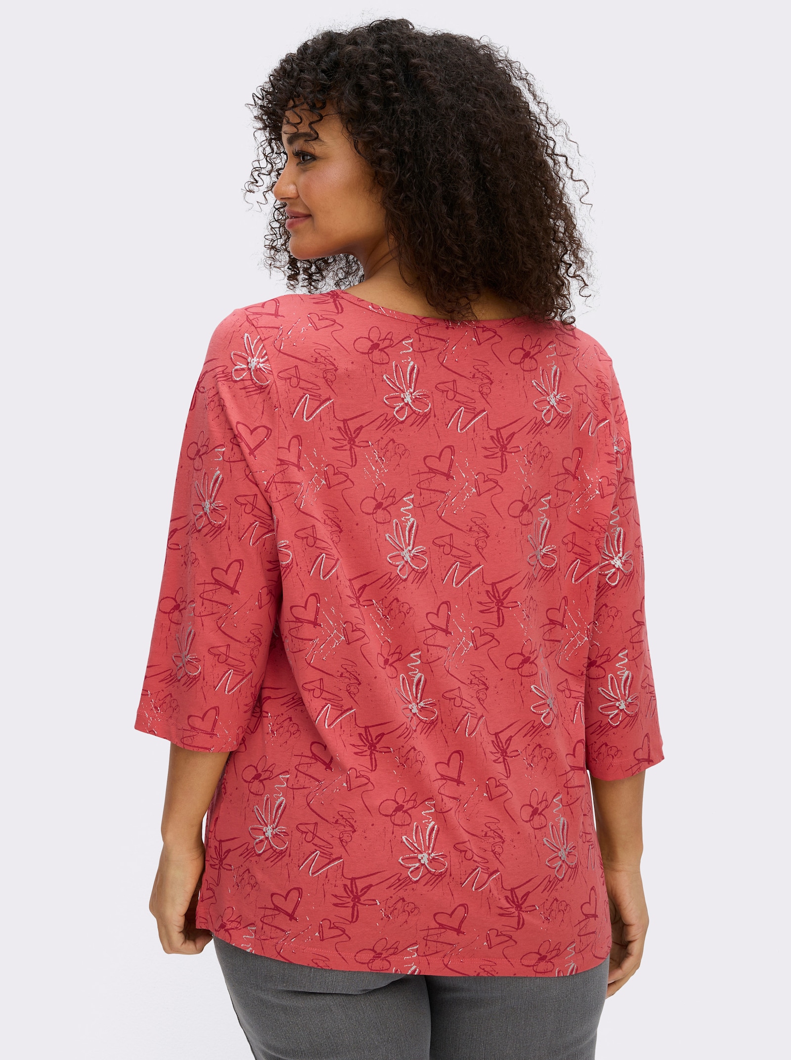 3/4-Arm-Shirt mit Herzen und Blüten verziert - grapefruit