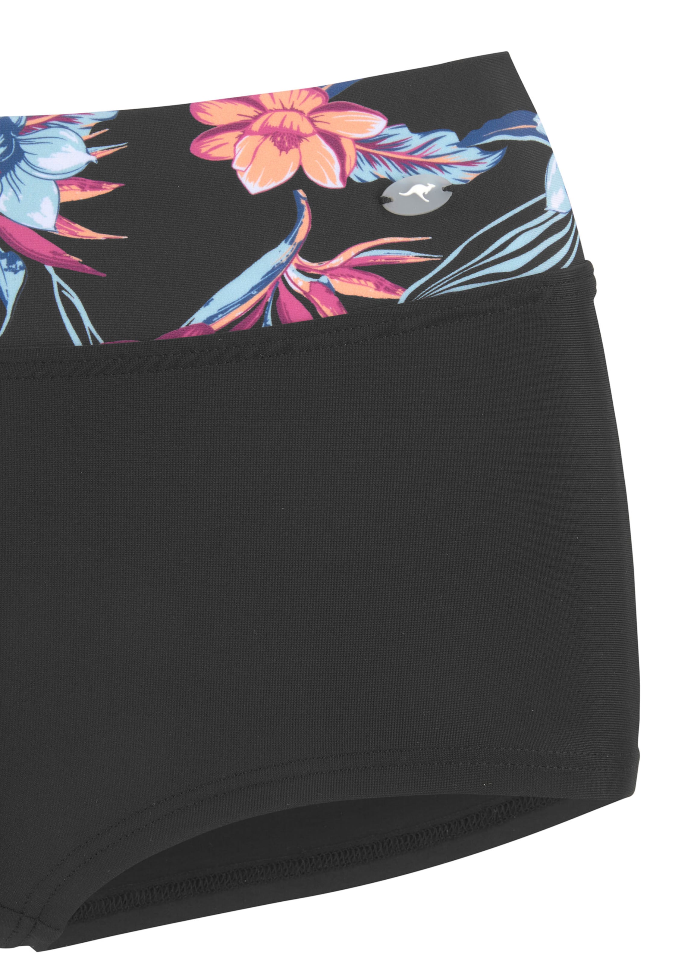 Unikat günstig Kaufen-Bikini-Hotpants in schwarz-bedruckt von KangaROOS. Bikini-Hotpants in schwarz-bedruckt von KangaROOS <![CDATA[Stylische Hotpants von Kangaroos mit floral gemustertem Bund. Jedes Teil ein Unikat. Mix-Kini-Konzept. Trageangenehme Qualität mit recyceltem Po