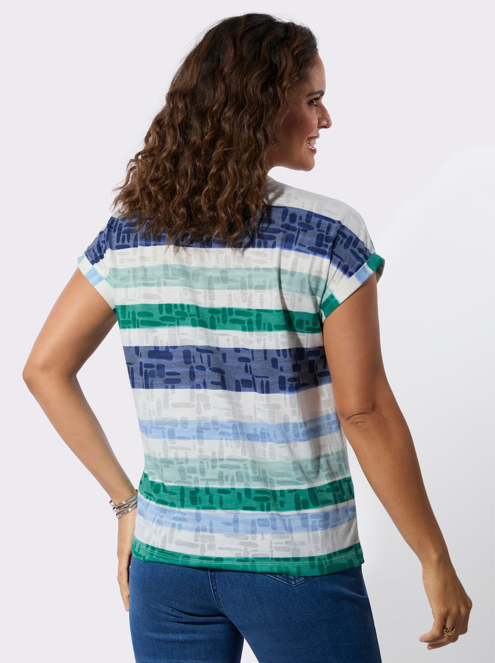 Shirt met korte mouwen en oversized schouders - kalkmint/jeansblauw gestreept