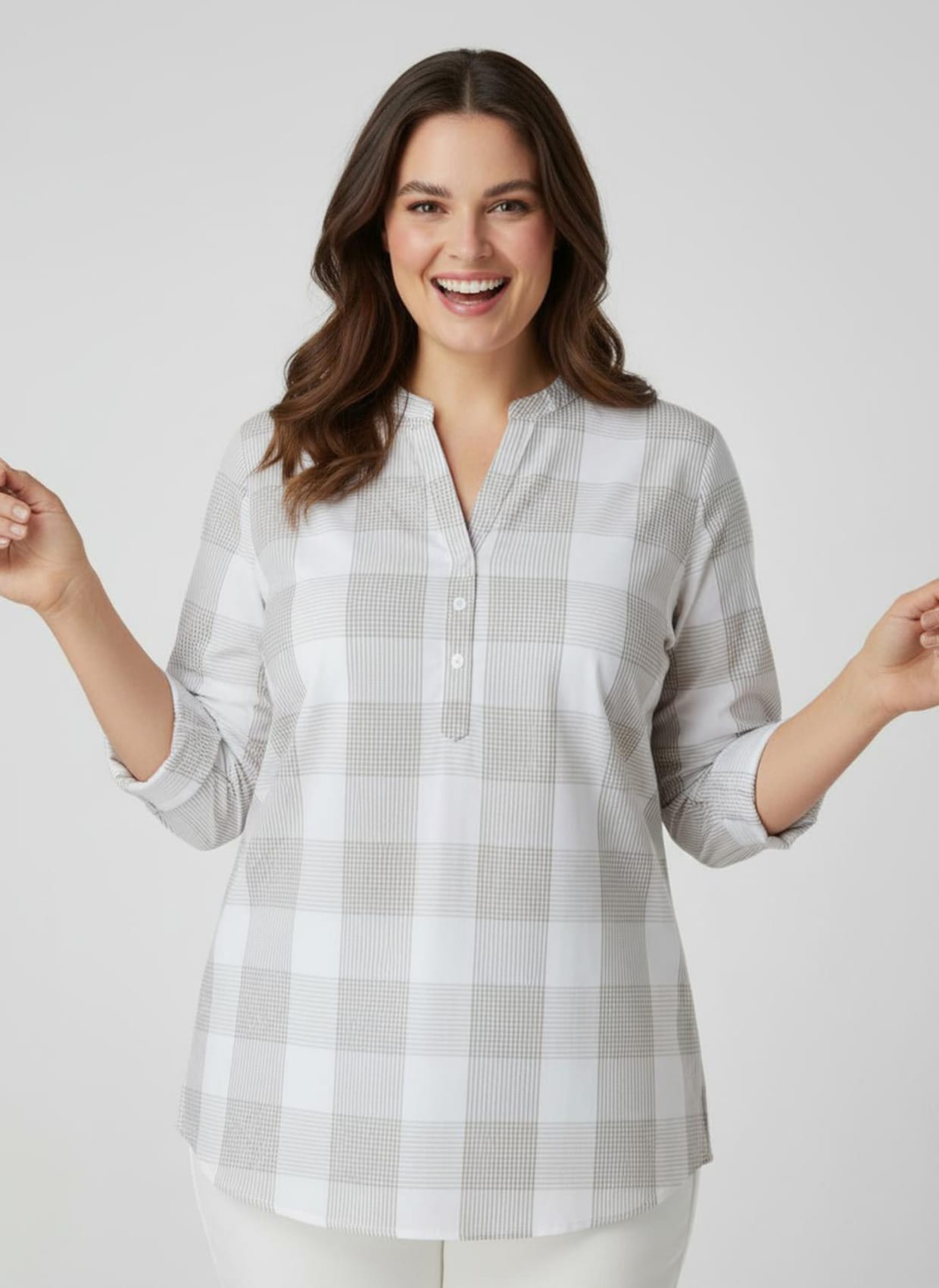 Baumwollbluse mit Stehkragen, kariert - taupe-weiß-kariert