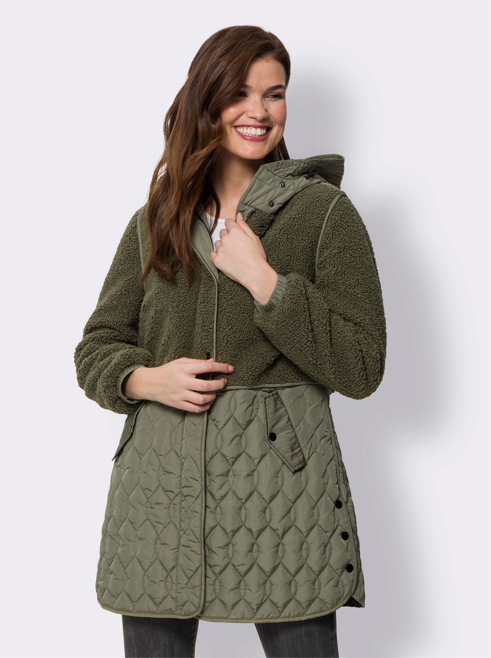 heine Longjacke Materialmix aus Teddy und Stepp - khaki