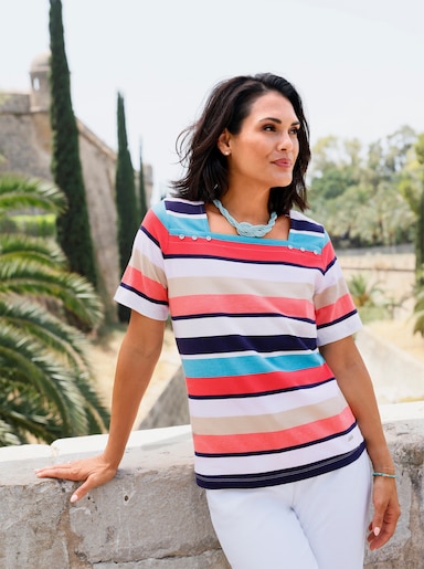 Ringelshirt mit Karree-Ausschnitt - koralle-sand-geringelt