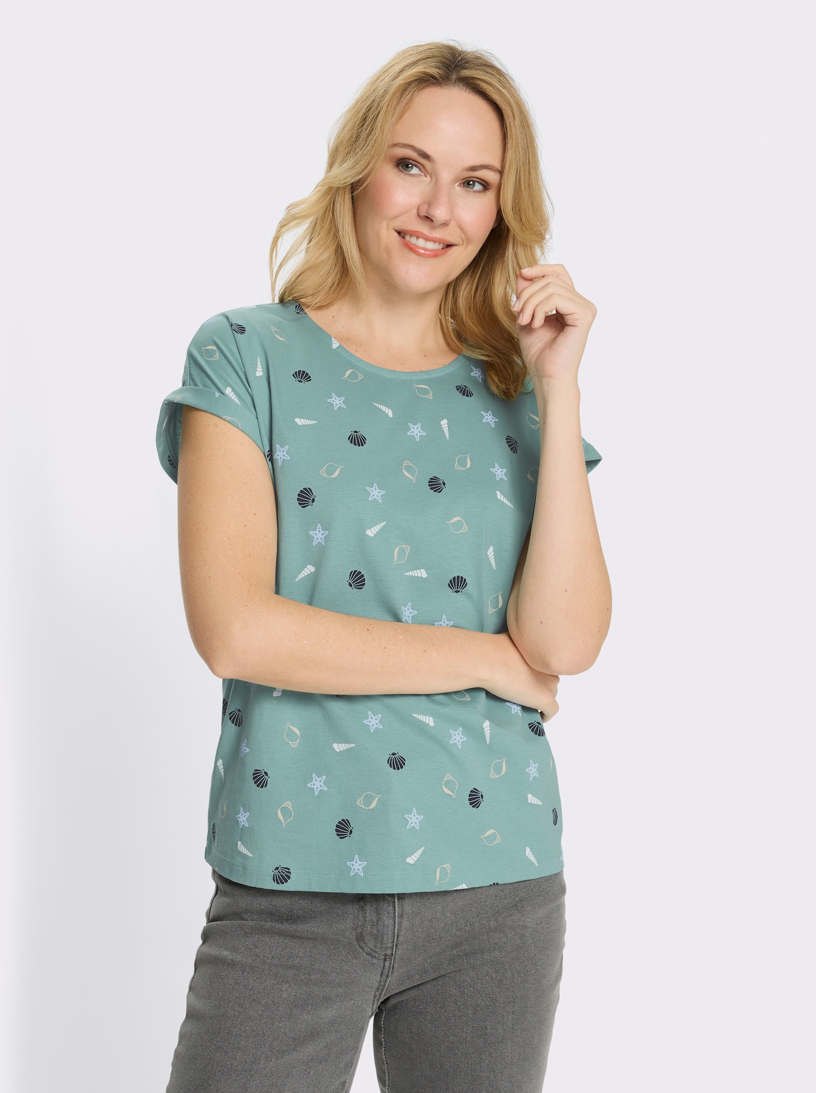 Rundhalsshirt mit maritimem Druckmuster - salbei-marine-bedruckt