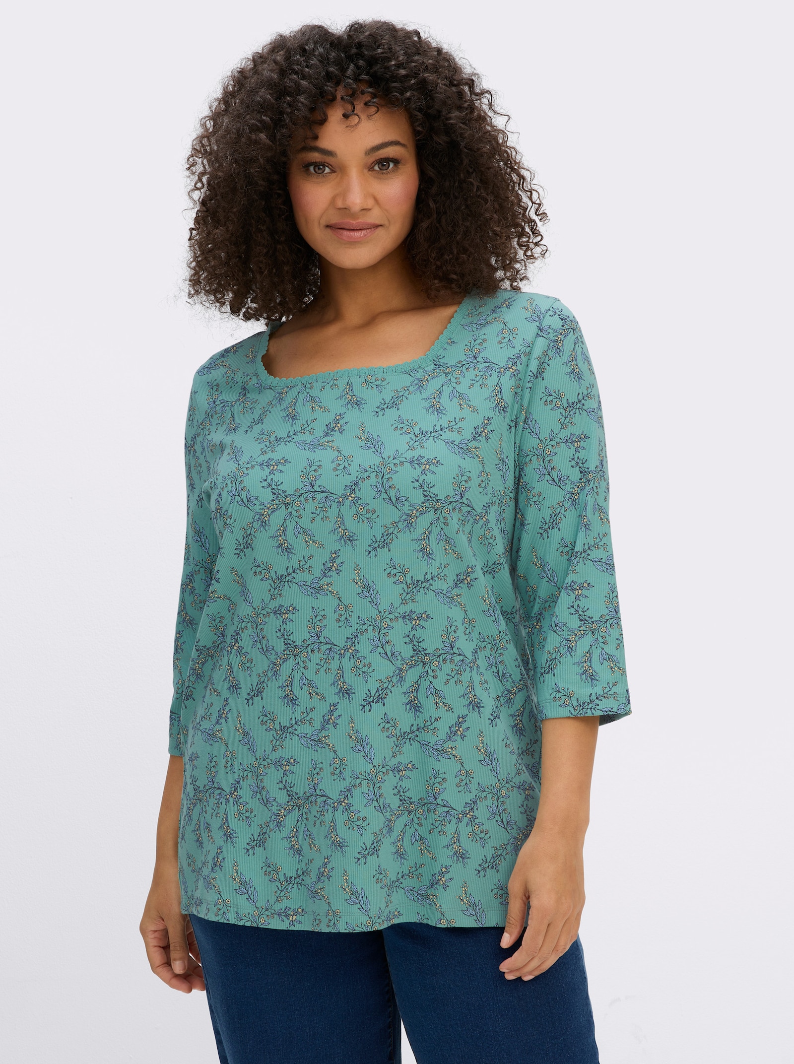 sheego 3/4-Arm-Shirt mit Karree-Ausschnitt - salbei-rauchblau-bedruckt