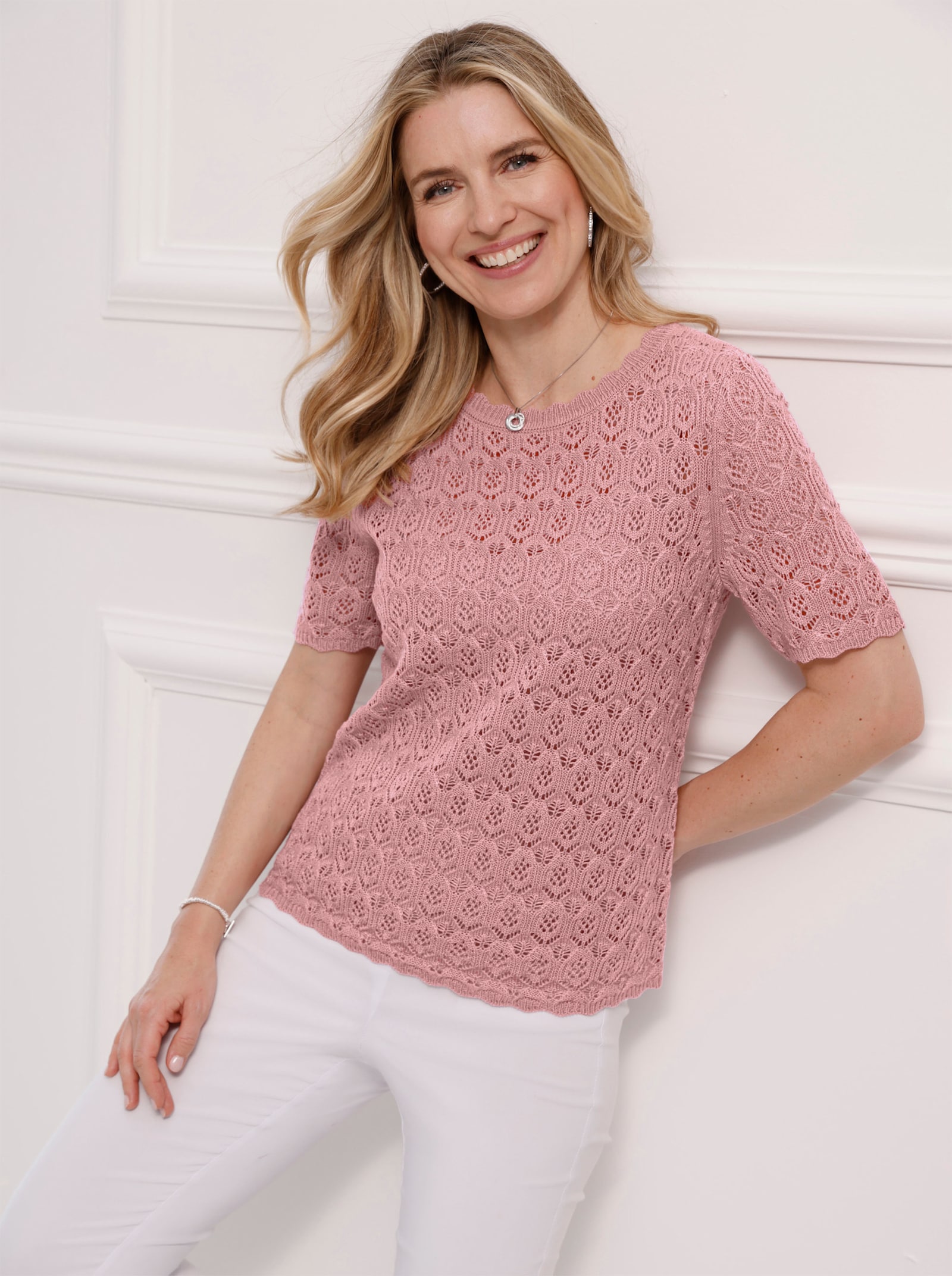 Ajourpullover mit gewellten Abschlüssen - hortensie