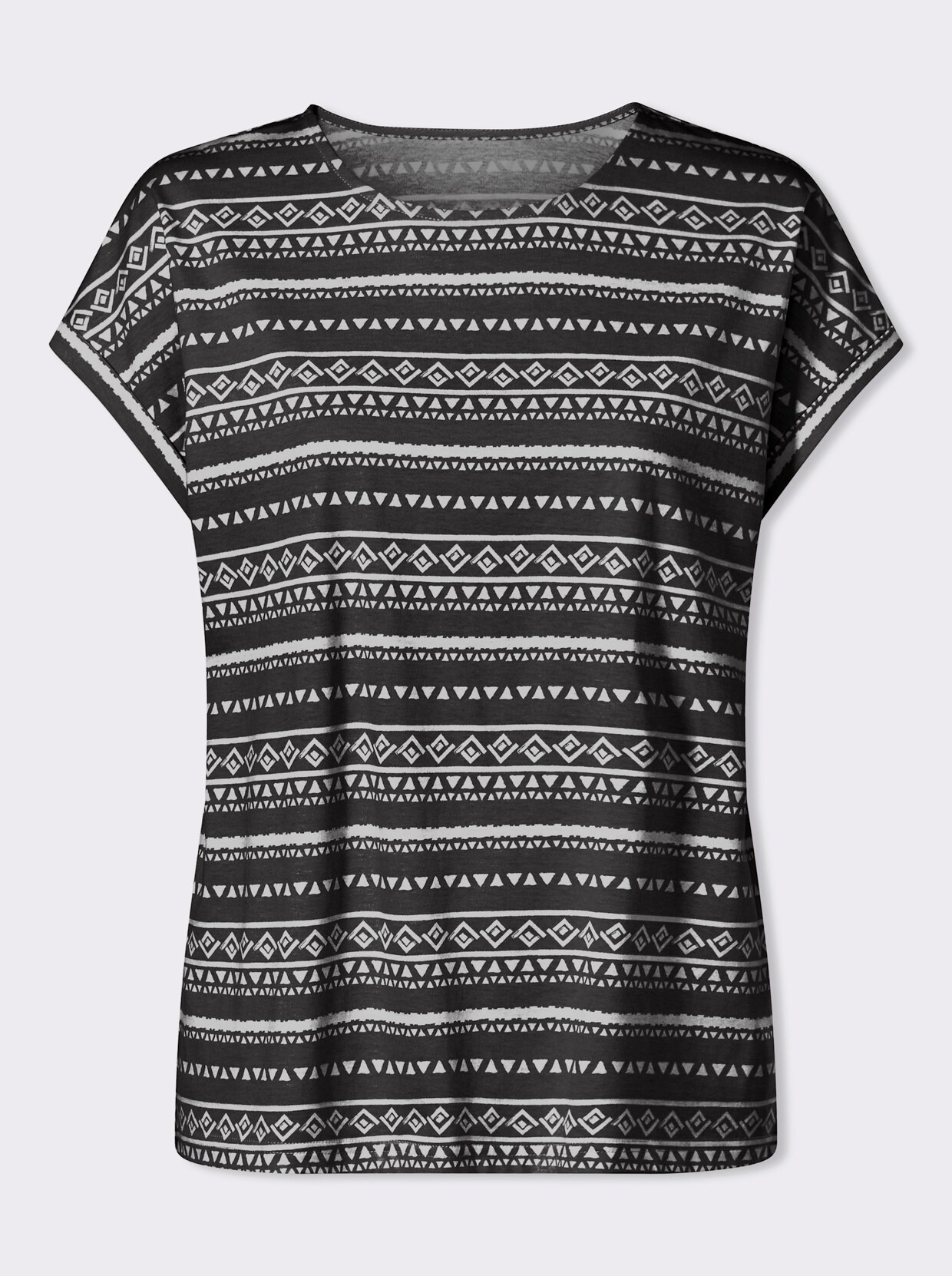 Kurzarmshirt mit überschnittenen Schultern - schwarz-ecru-bedruckt