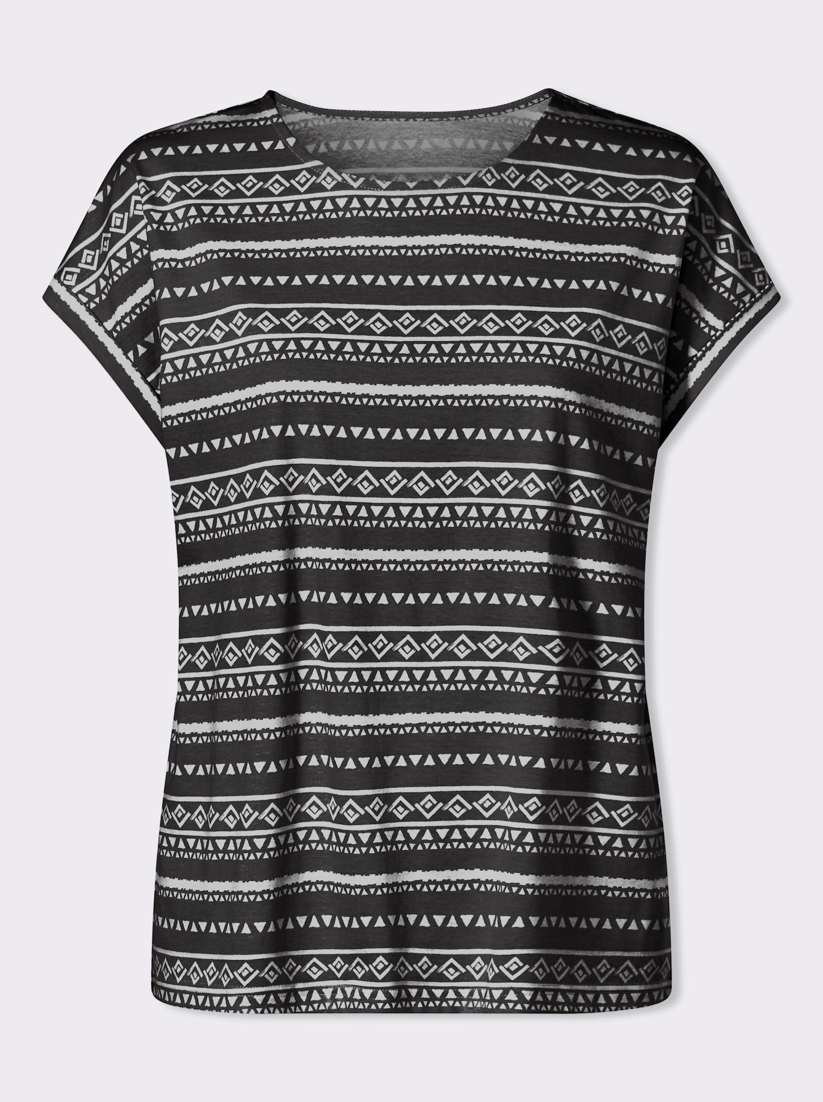 Kurzarmshirt mit überschnittenen Schultern - schwarz-ecru-bedruckt