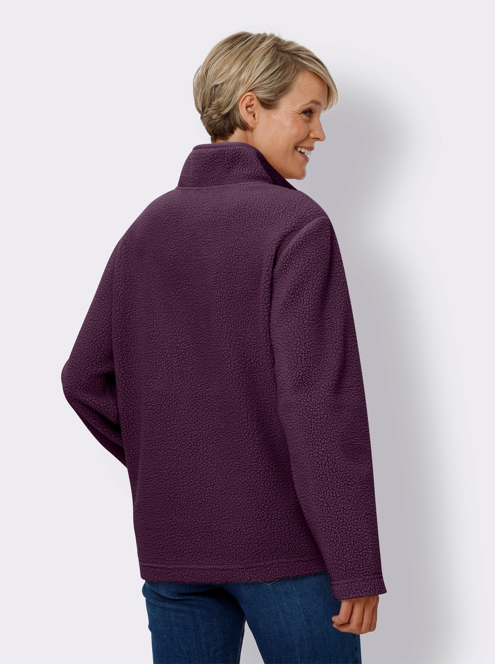 Fleecetröja med ståkrage och tryckknappslå - druva