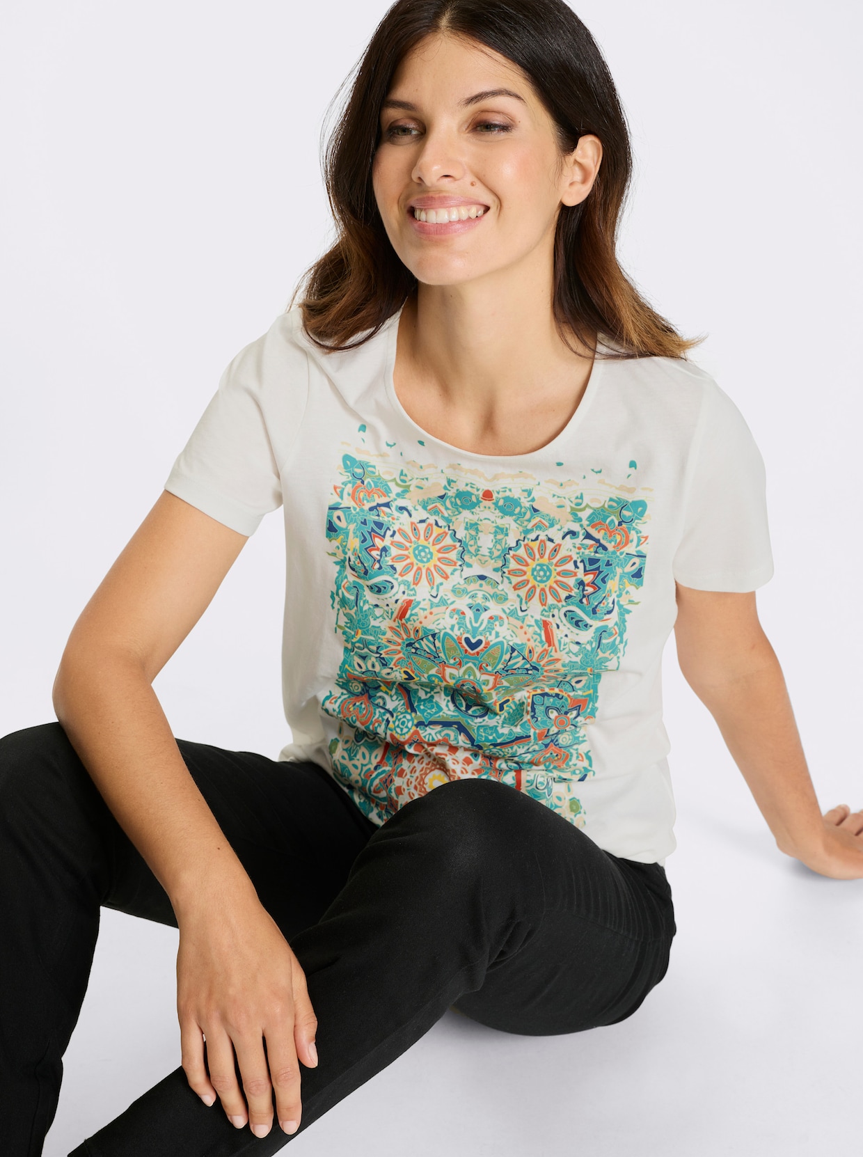 Kurzarmshirt - ecru-jeansblau-bedruckt