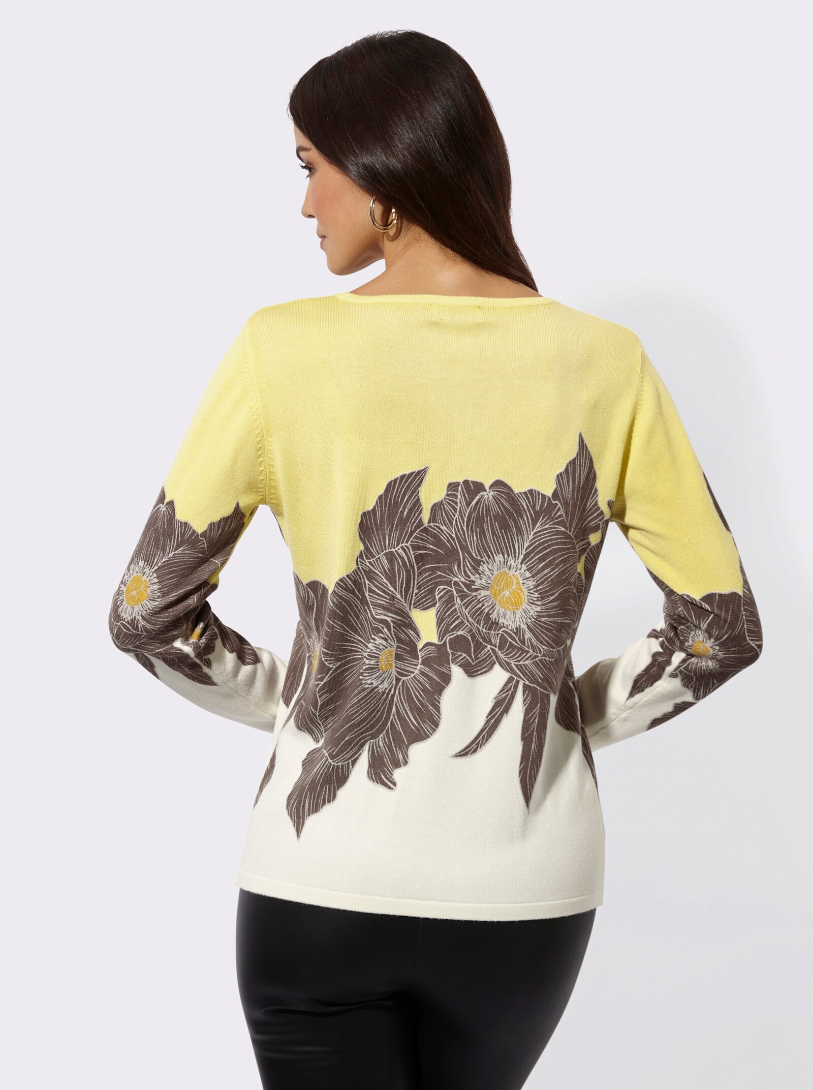 Feinstrickpullover mit Blüten-Dessin - dunkeltaupe-champagner-bedruckt