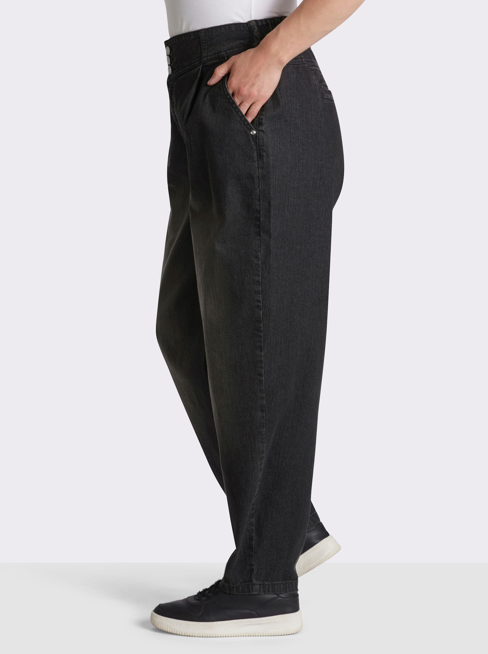 sheego High-waist-Jeans mit Bundfalten und Barrel-Leg - graphit denim