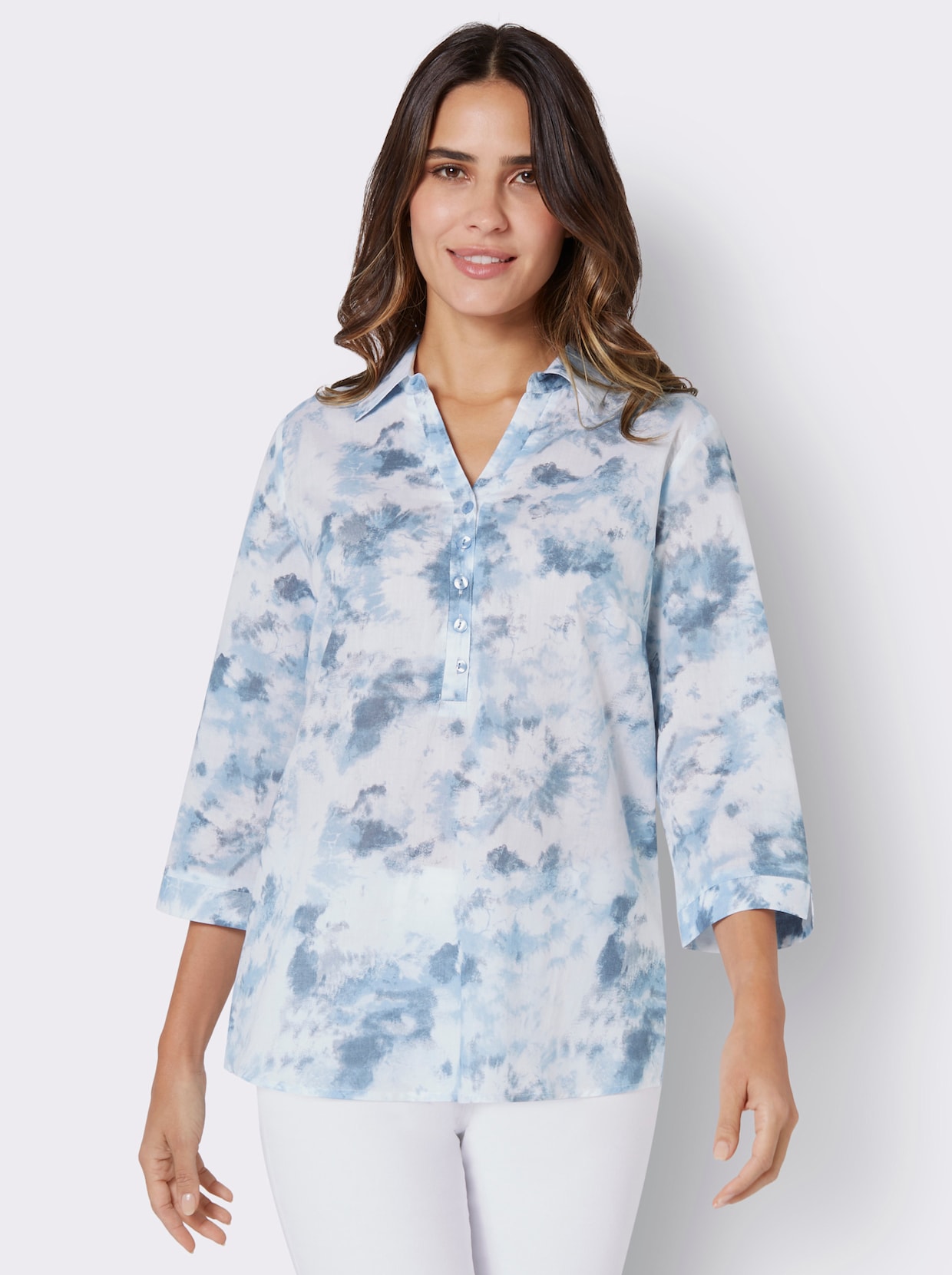 Comfortabele blouse - ecru/duivenblauw bedrukt