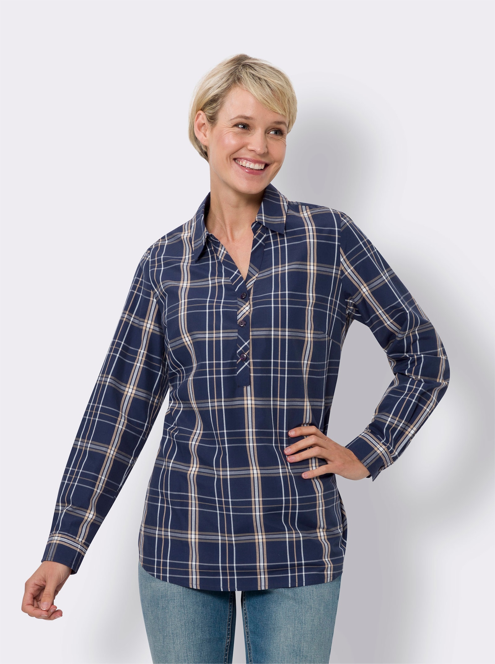 Longbluse mit Karo-Muster - marine-weiss-kariert