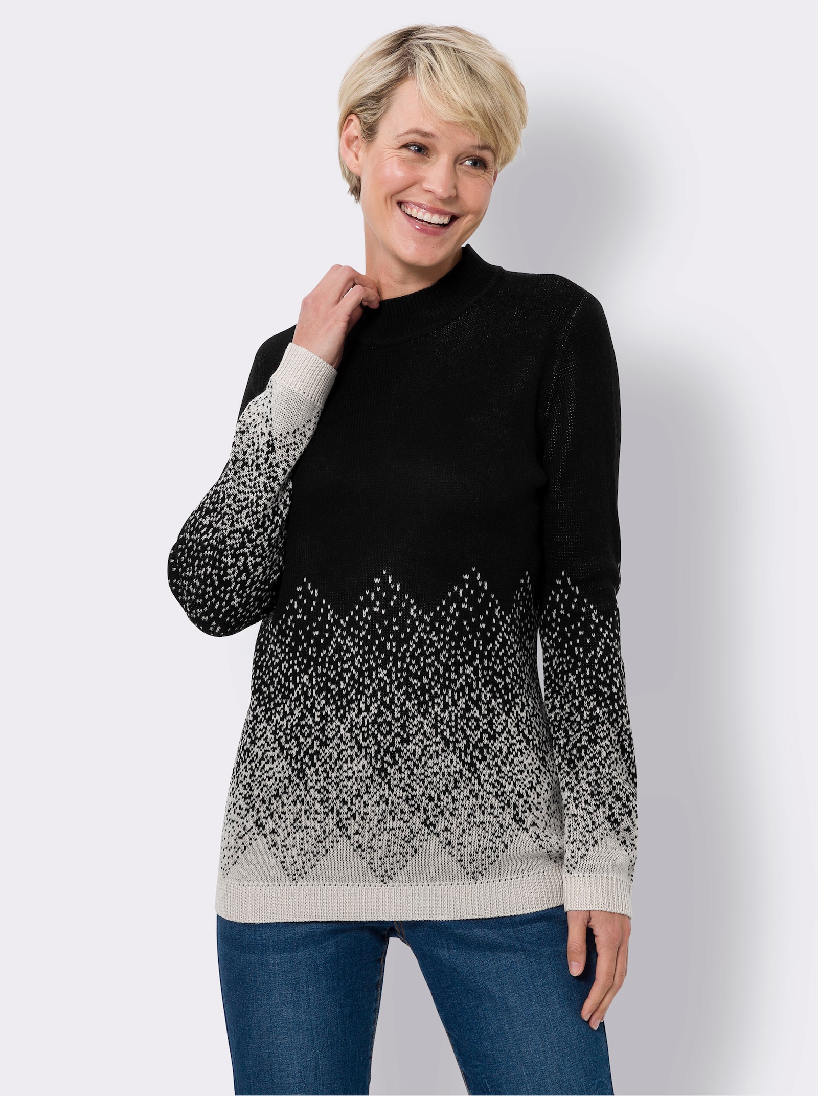 Svetr se stojáčkem s žakárovým vzorem - slonová kost-černá-vzor