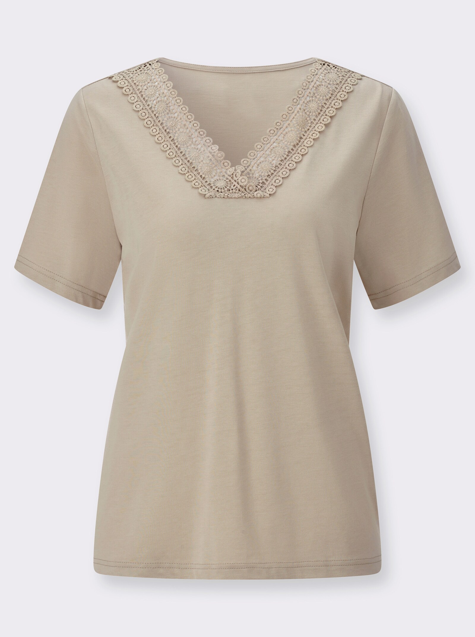 V-Shirt mit Spitzenbordüre - sand