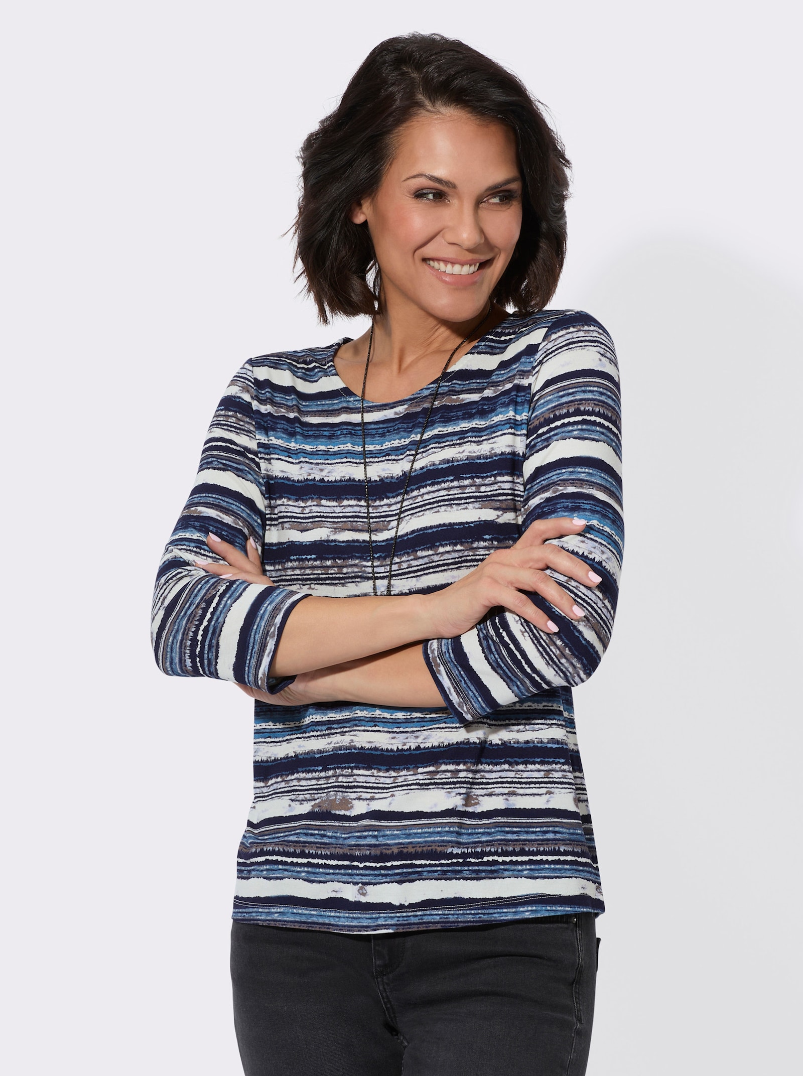 Rundhalsshirt mit 3/4-Ärmeln - eisblau-beige-bedruckt