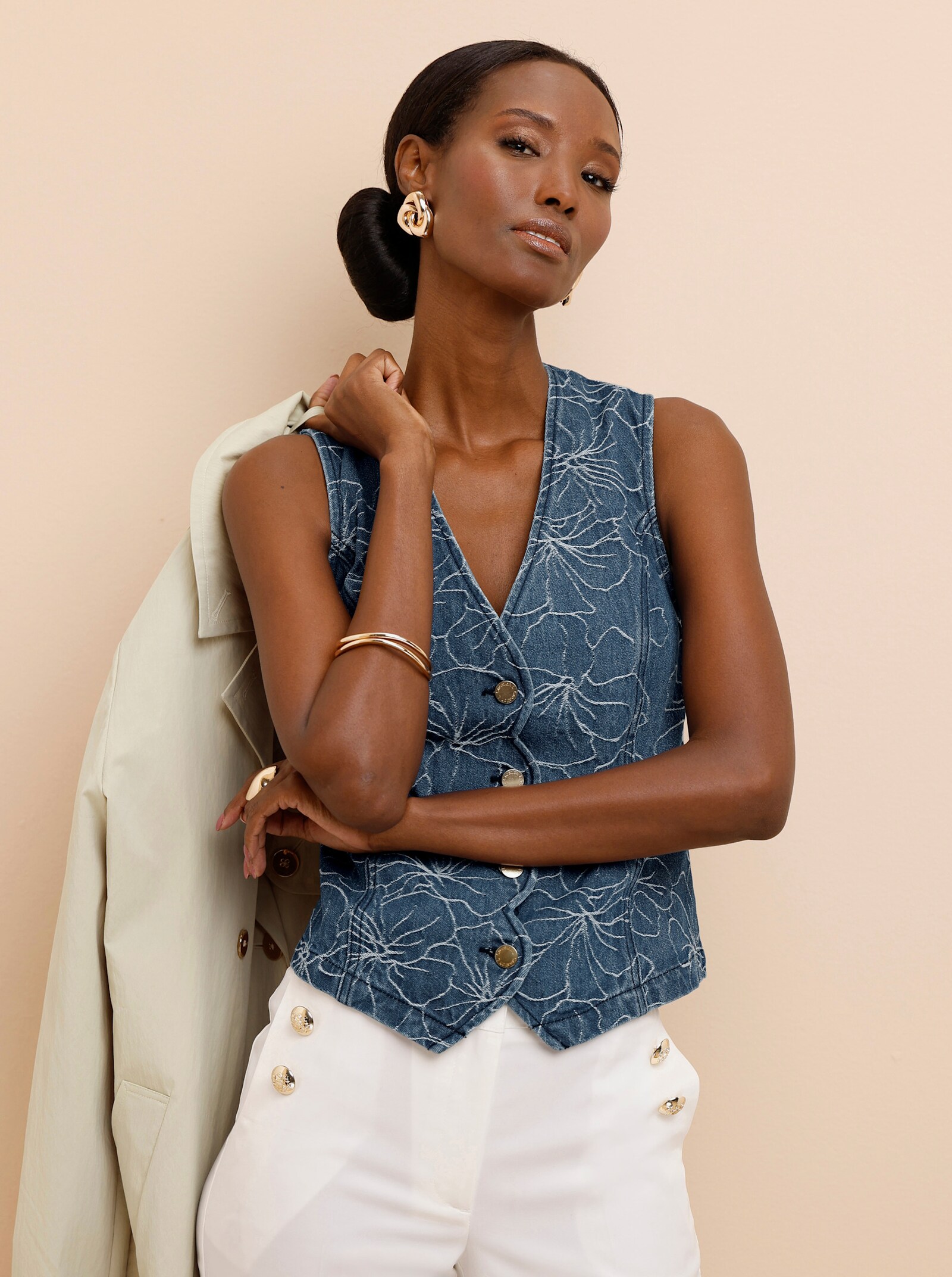 Jeansweste im Jacquard-Muster - blue-stone-washed-gemustert