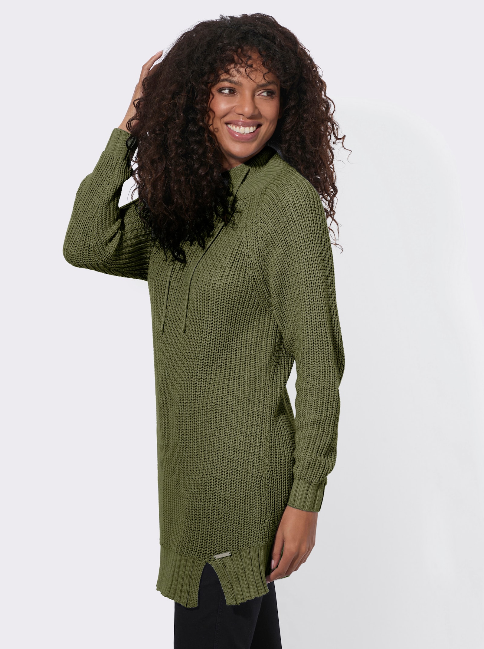 Longpullover mit Rippabschlüssen - khaki