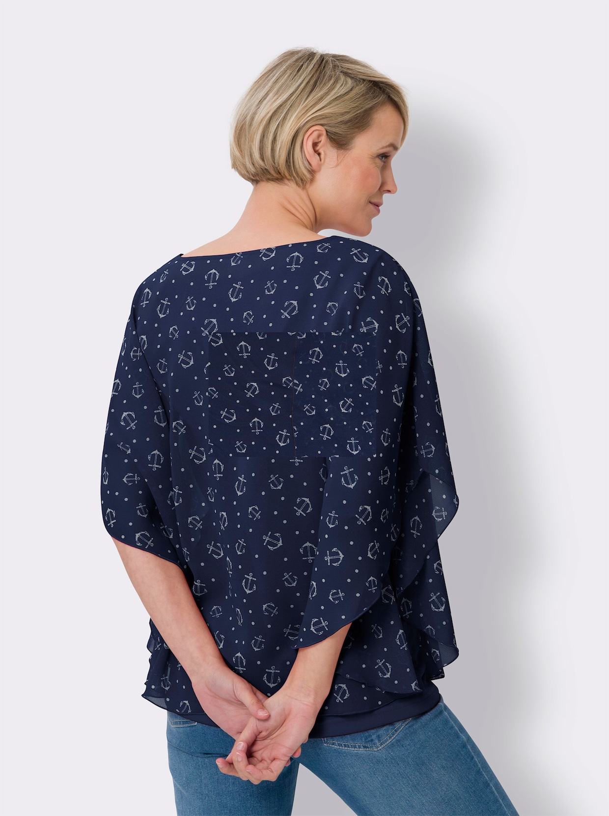 Georgetteblouse - marine/wit geprint