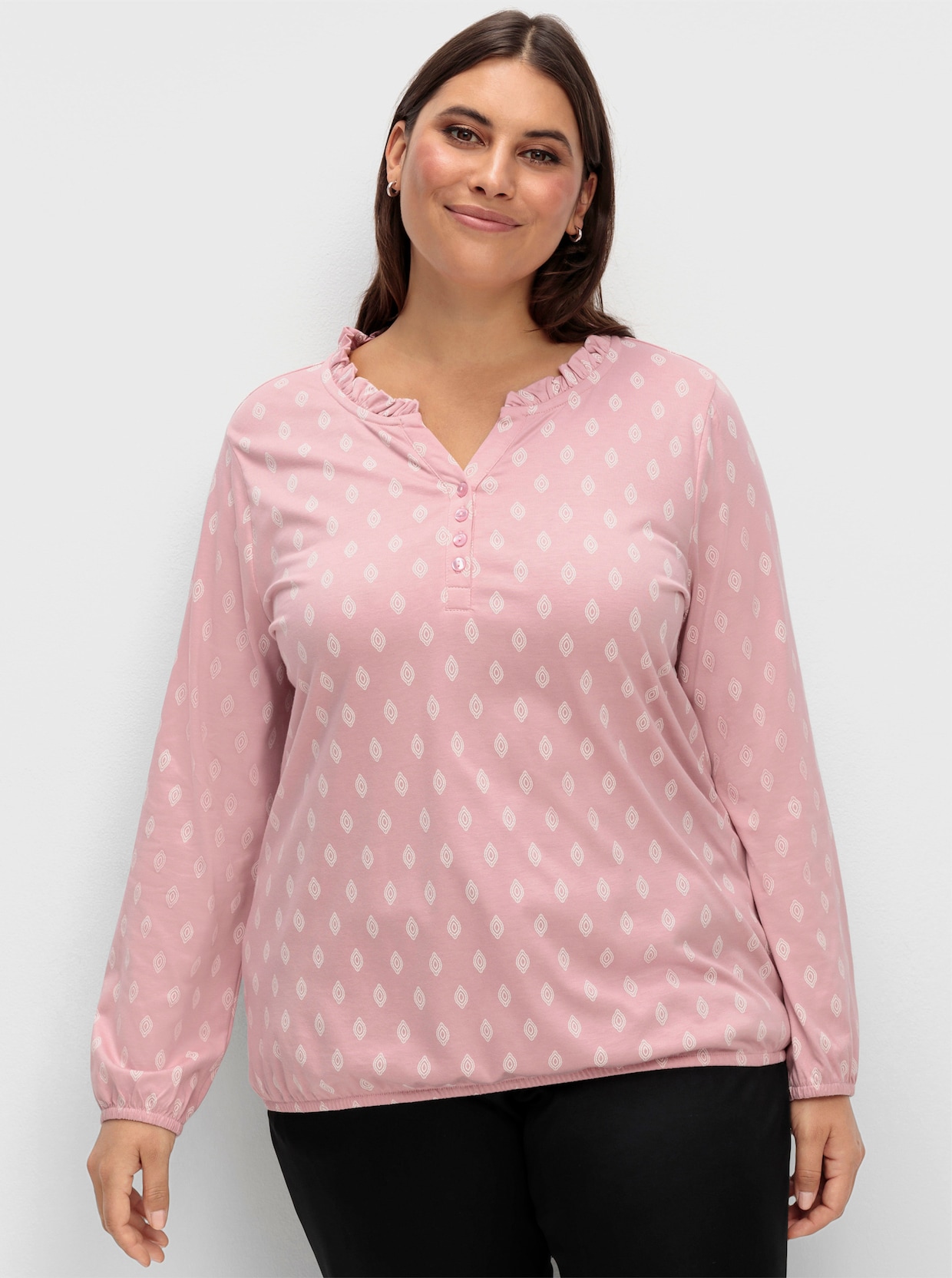 Langarmshirt mit Rüschen - hortensie-ecru-bedruckt