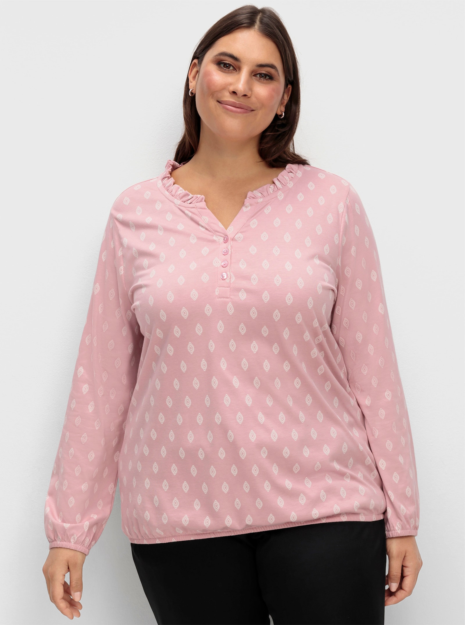 Langarmshirt mit Rüschen - hortensie-ecru-bedruckt