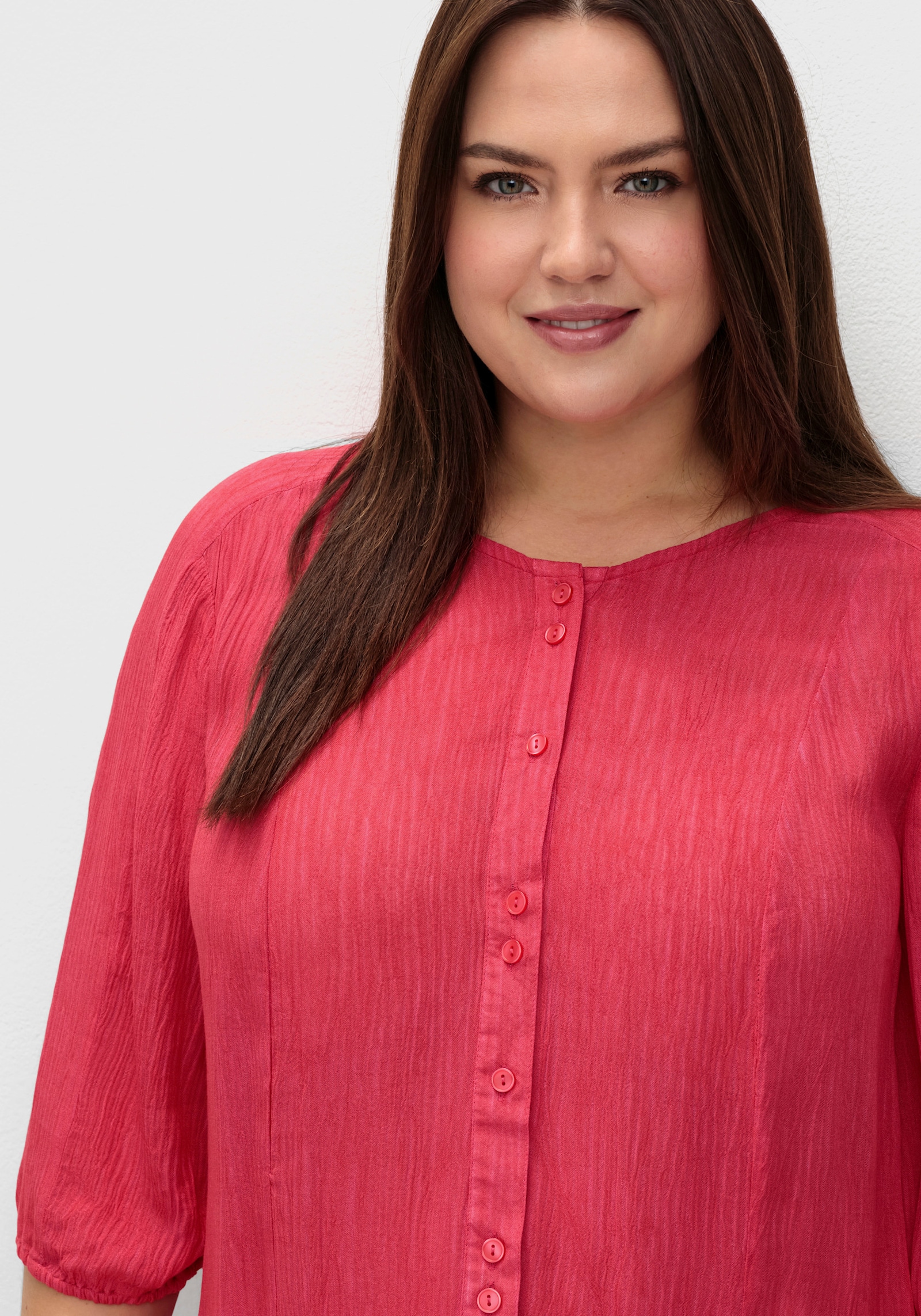 sheego Kurzarmbluse mit Volants am Saum - sorbet pink