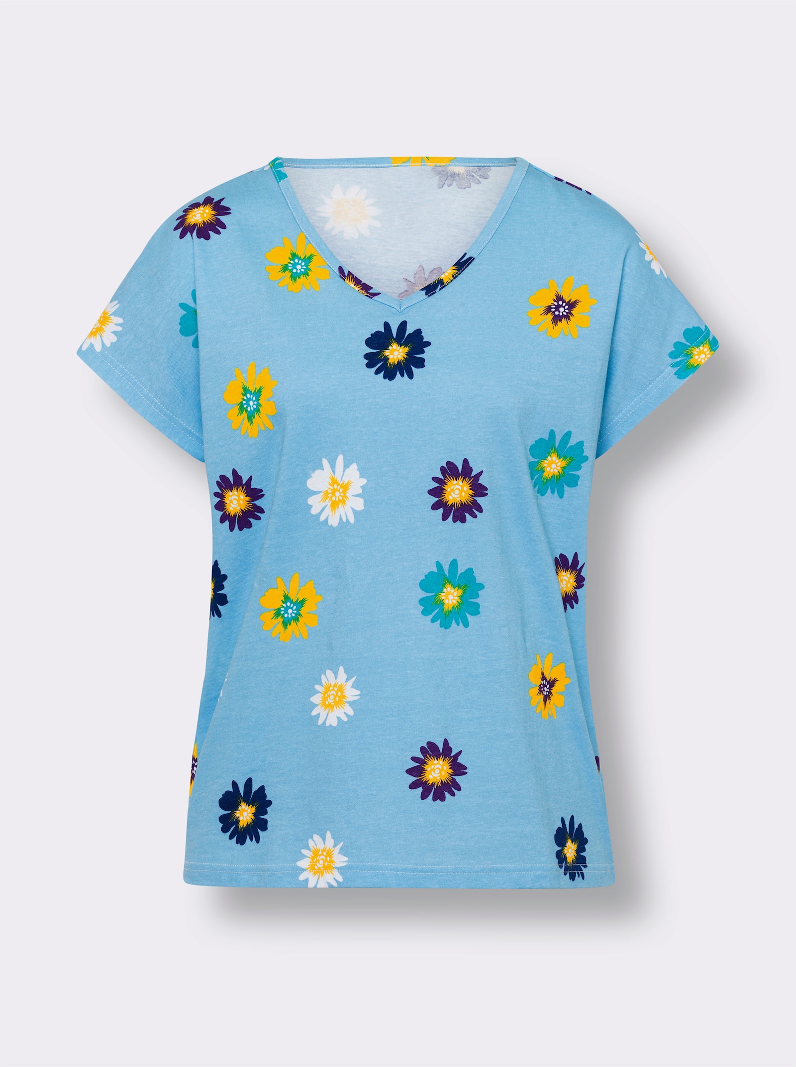 Kurzarmshirt aus Baumwolle, geblümt - aqua-weiss-bedruckt