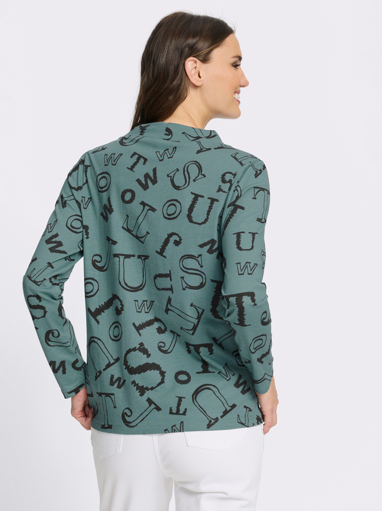 Stehkragenshirt mit Lettering-Print - jade-schwarz-bedruckt