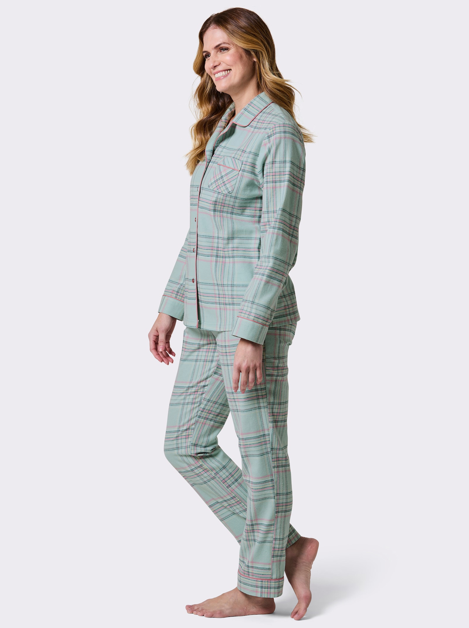 wäschepur Pyjama in Finette-Qualität - kalkmint-altrosa-kariert