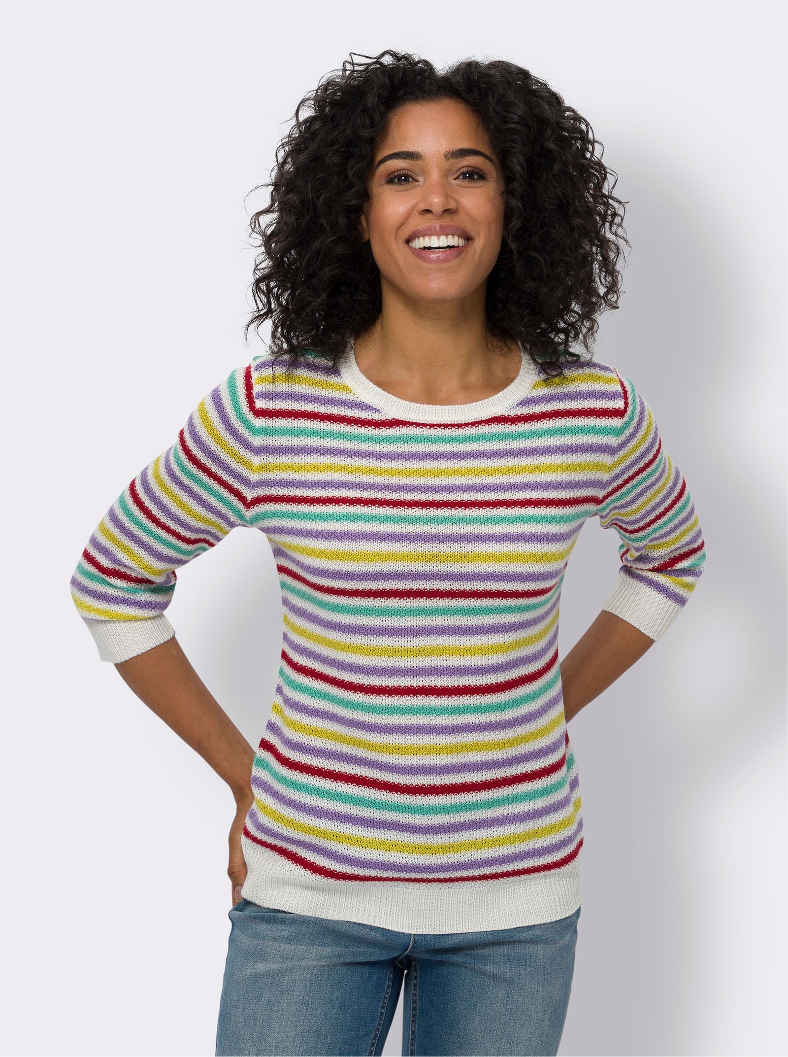 Pulóver, pruhy, ažúrové prvky - écru-jahodové pruhy