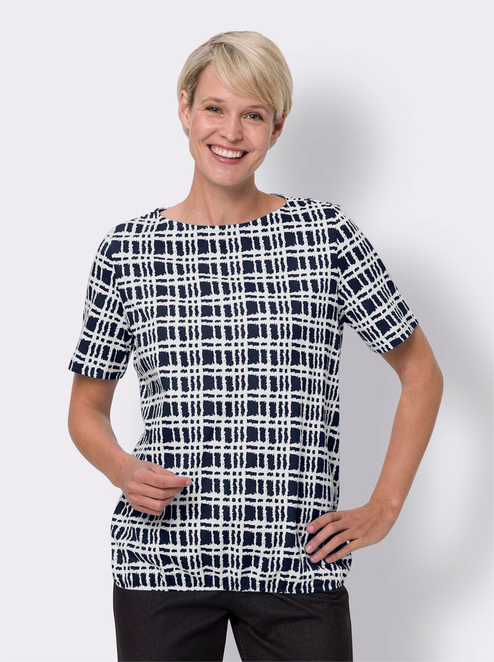 Topp med rundad båtringning - marin-vit, tryckt