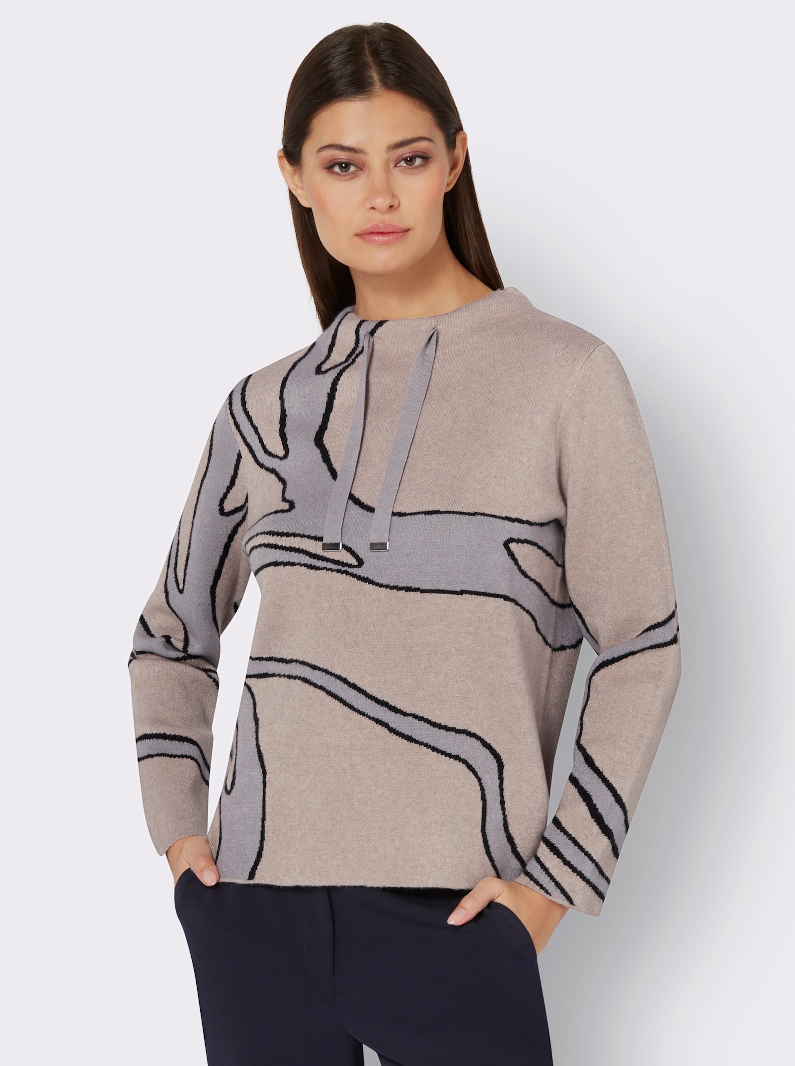 Jacquard-Pullover mit halsfernem Stehkragen - sesam-grau-gemustert