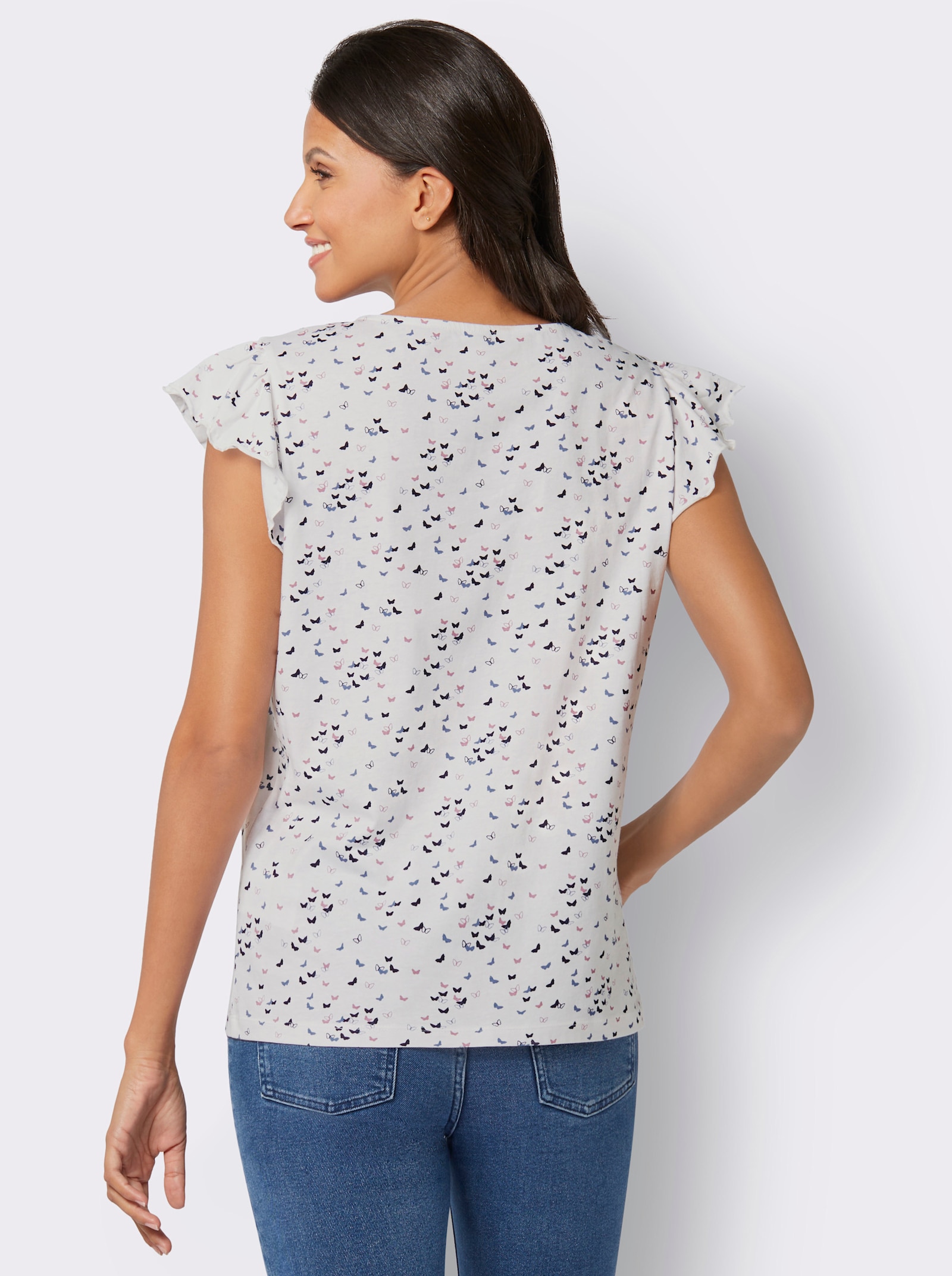 V-Shirt mit Schmetterling-Muster - ecru-marine-bedruckt