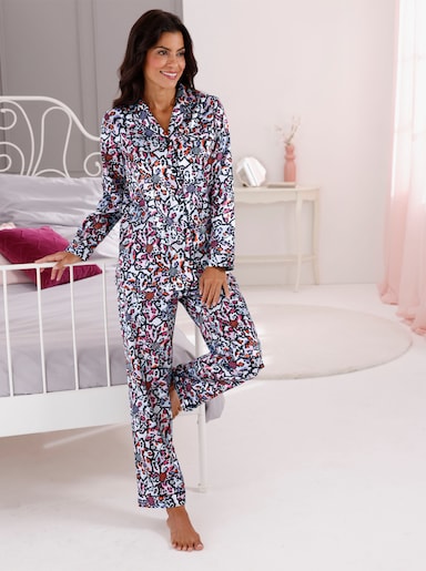 Pyjama in Satin-Qualität - schwarz-fuchsia-bedruckt