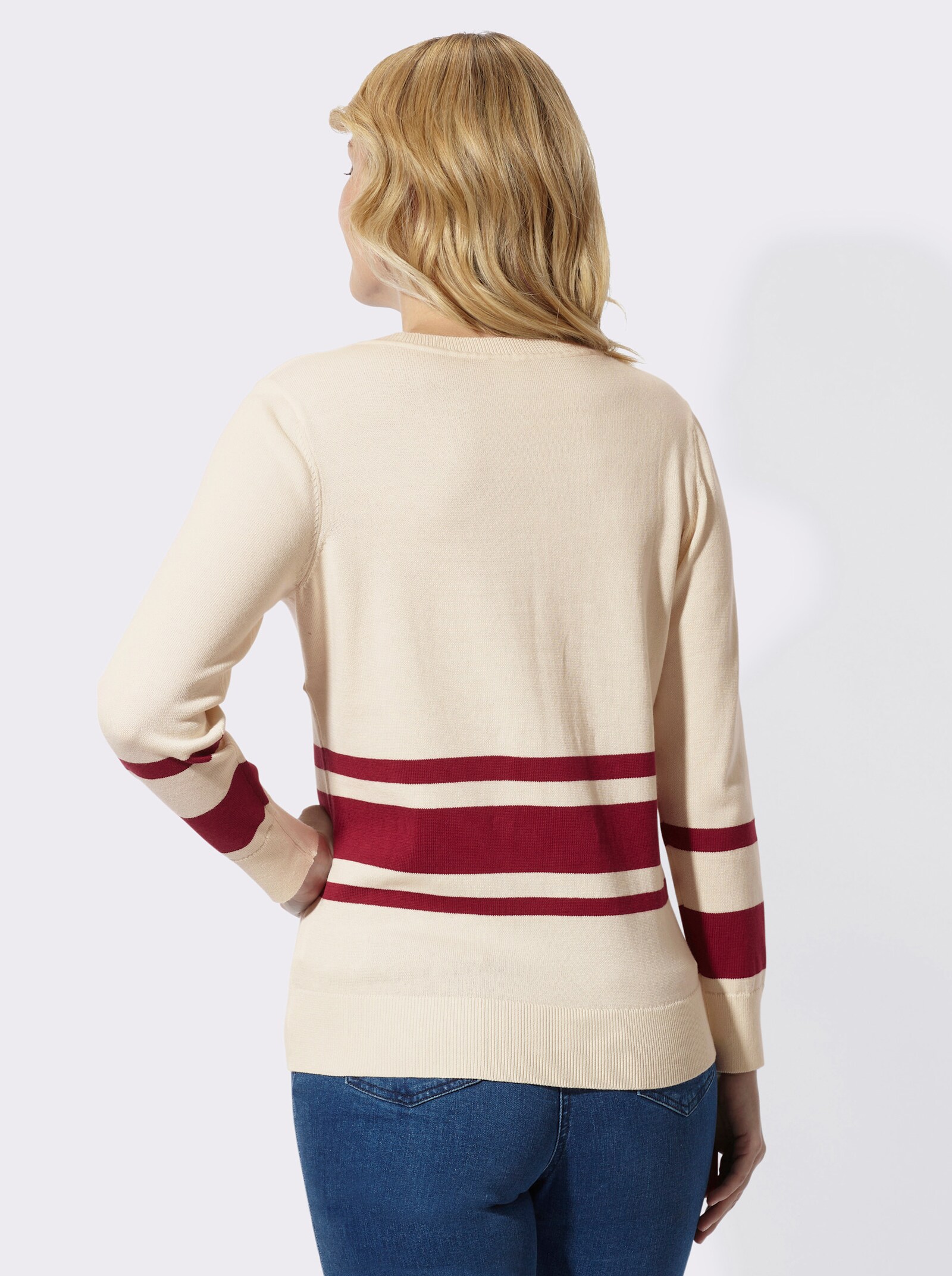 V-Ausschnitt-Pullover mit Kontraststreifen - champagner-kirsche