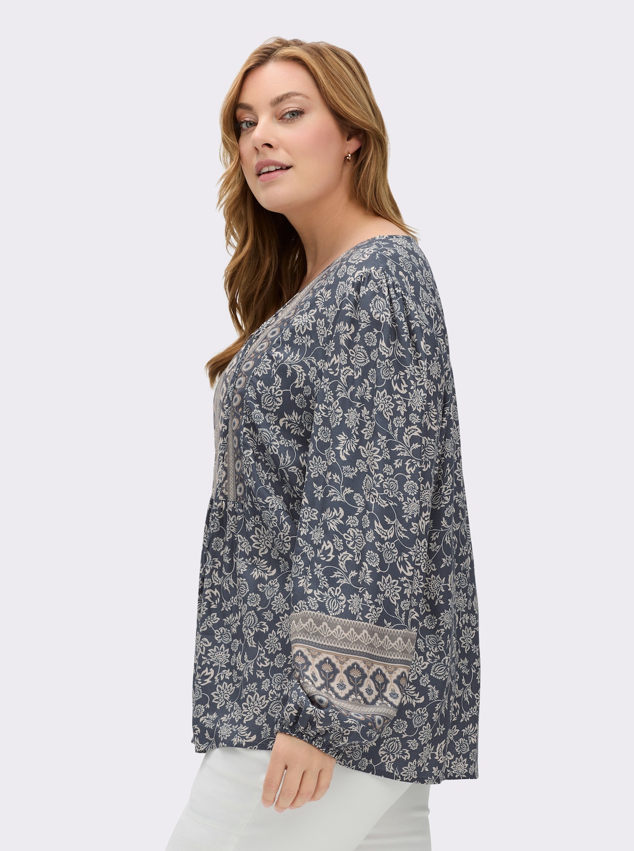 Druckbluse in Tunikaform - rauchblau-champagner-bedruckt