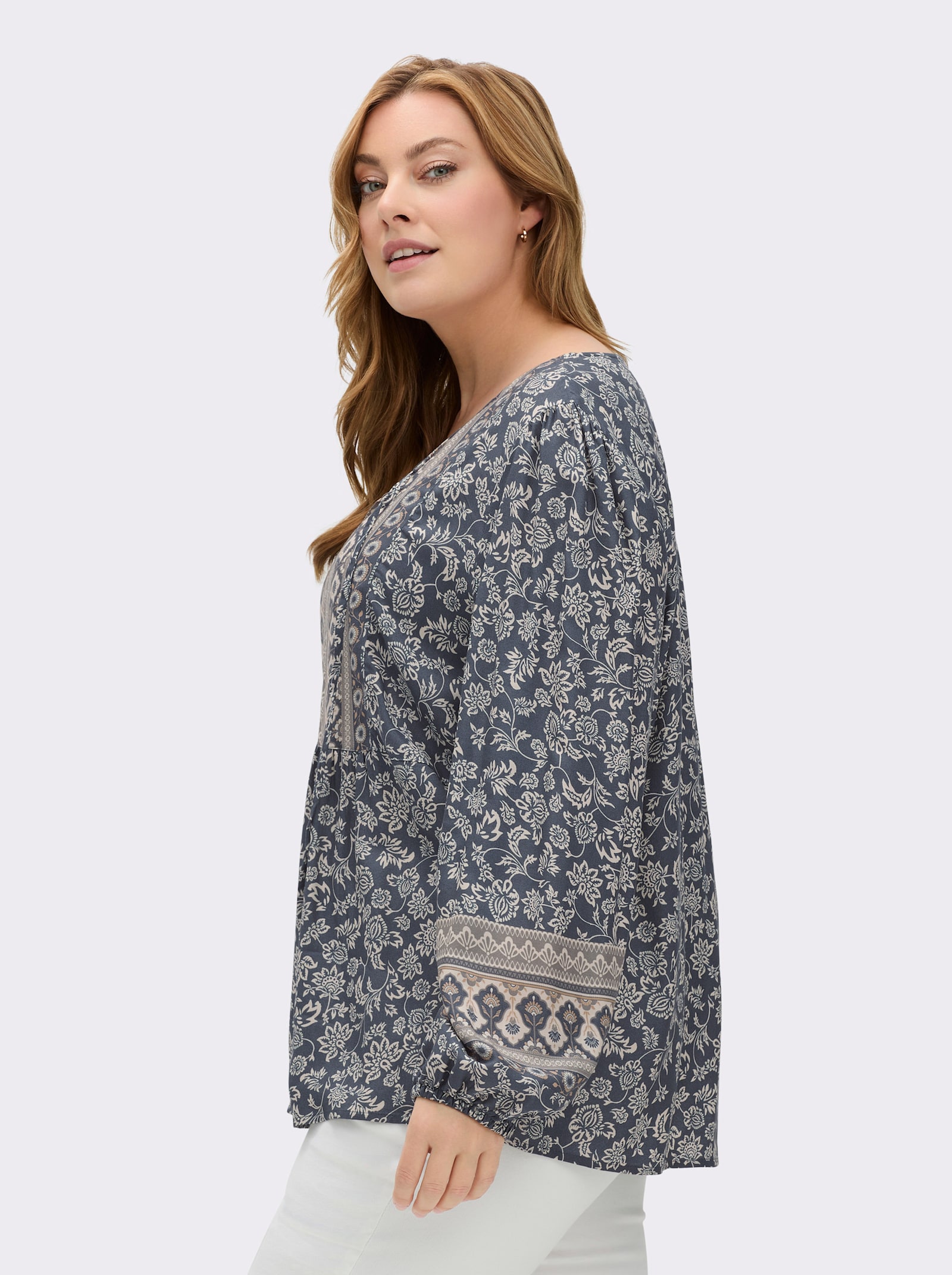 Druckbluse in Tunikaform - rauchblau-champagner-bedruckt