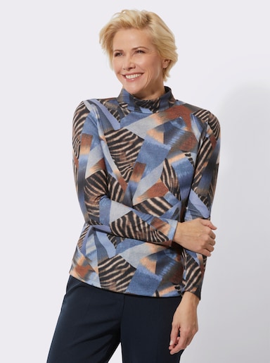 Stehkragenshirt im Grafik-Dessin - cognac-bleu-bedruckt