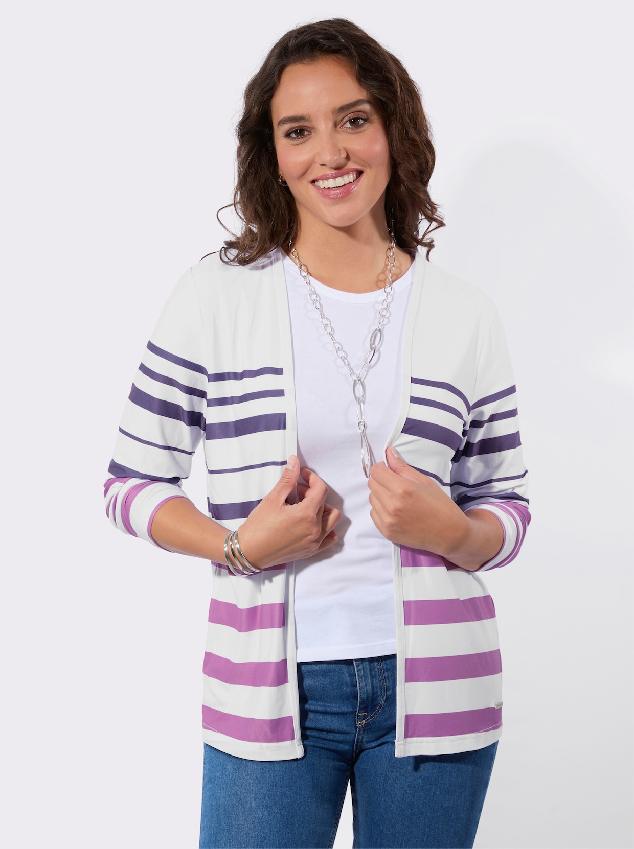 Shirtjacke - orchidee-weiß-geringelt