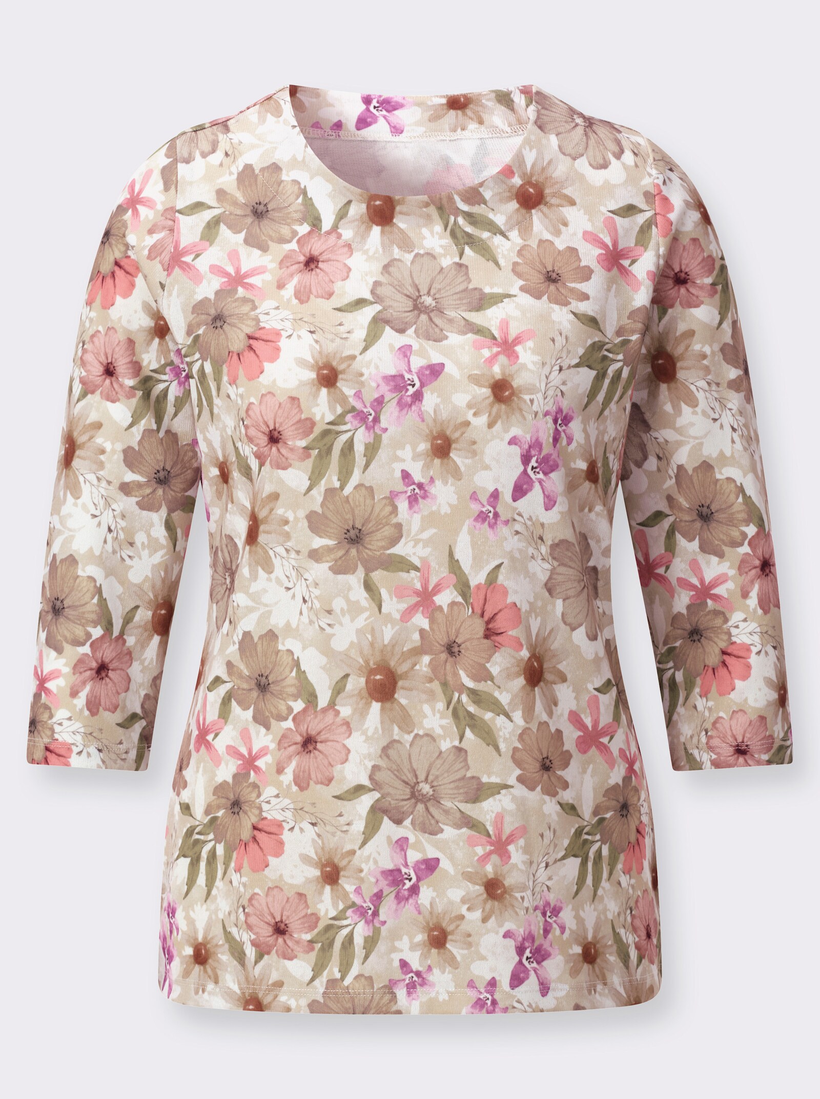 Rundhalsshirt mit 3/4-Ärmeln - sand-taupe-bedruckt