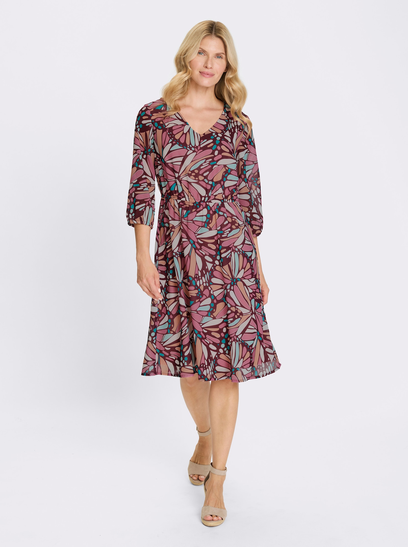 Druckkleid aus Georgette, gefüttert - altrosa-türkis-bedruckt