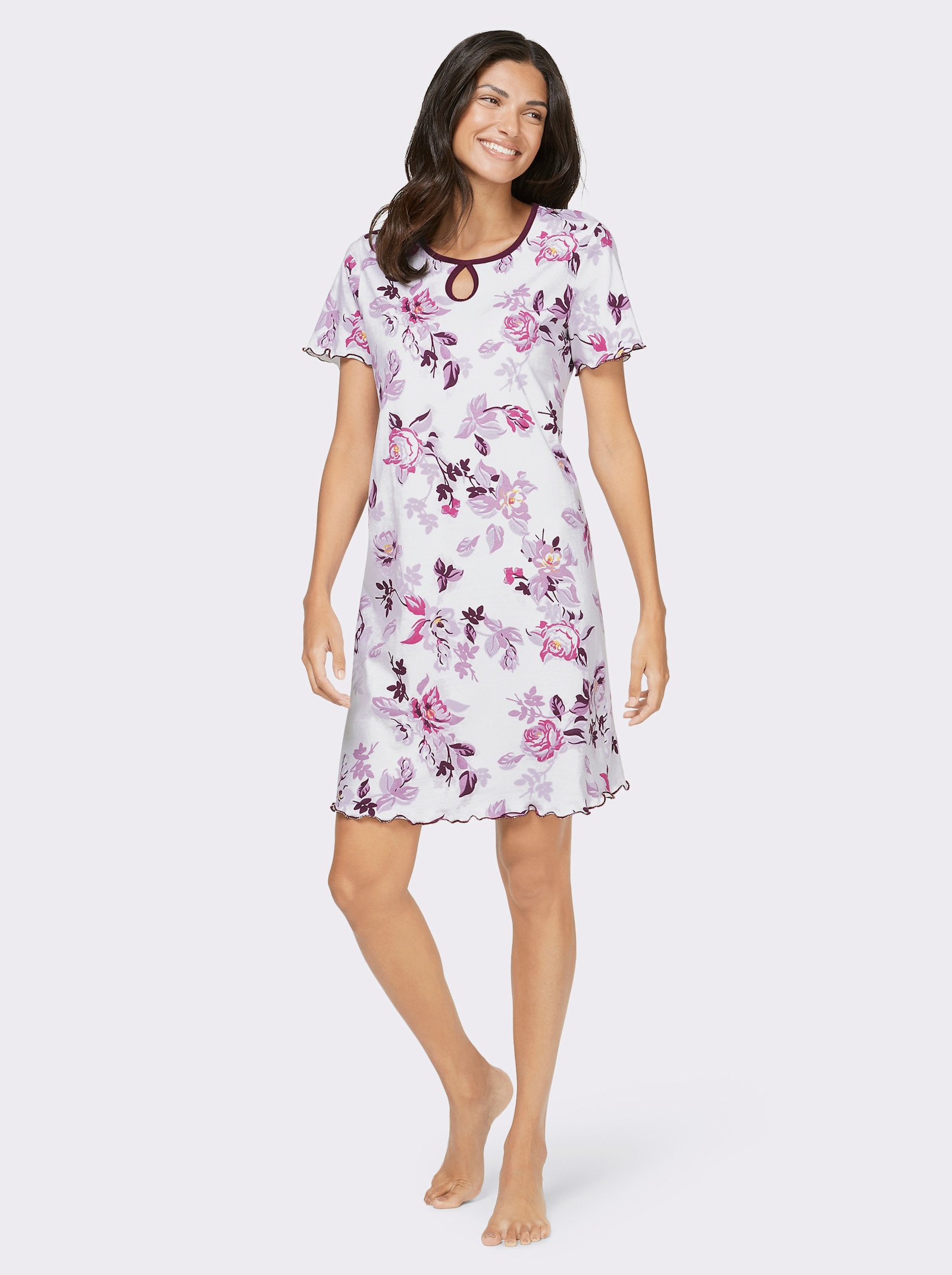 Nachthemd mit Tropfen-Ausschnitt, geblümt - weiss-bedruckt