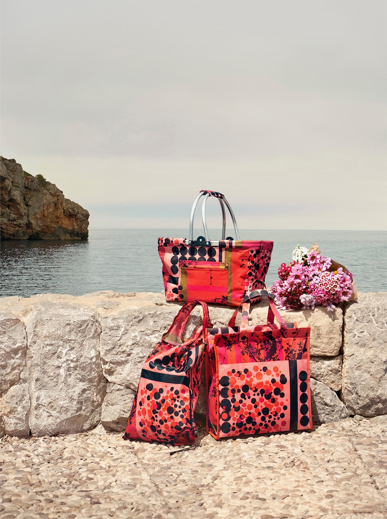 3-tlg. Einkaufs-Set - rot-gemustert