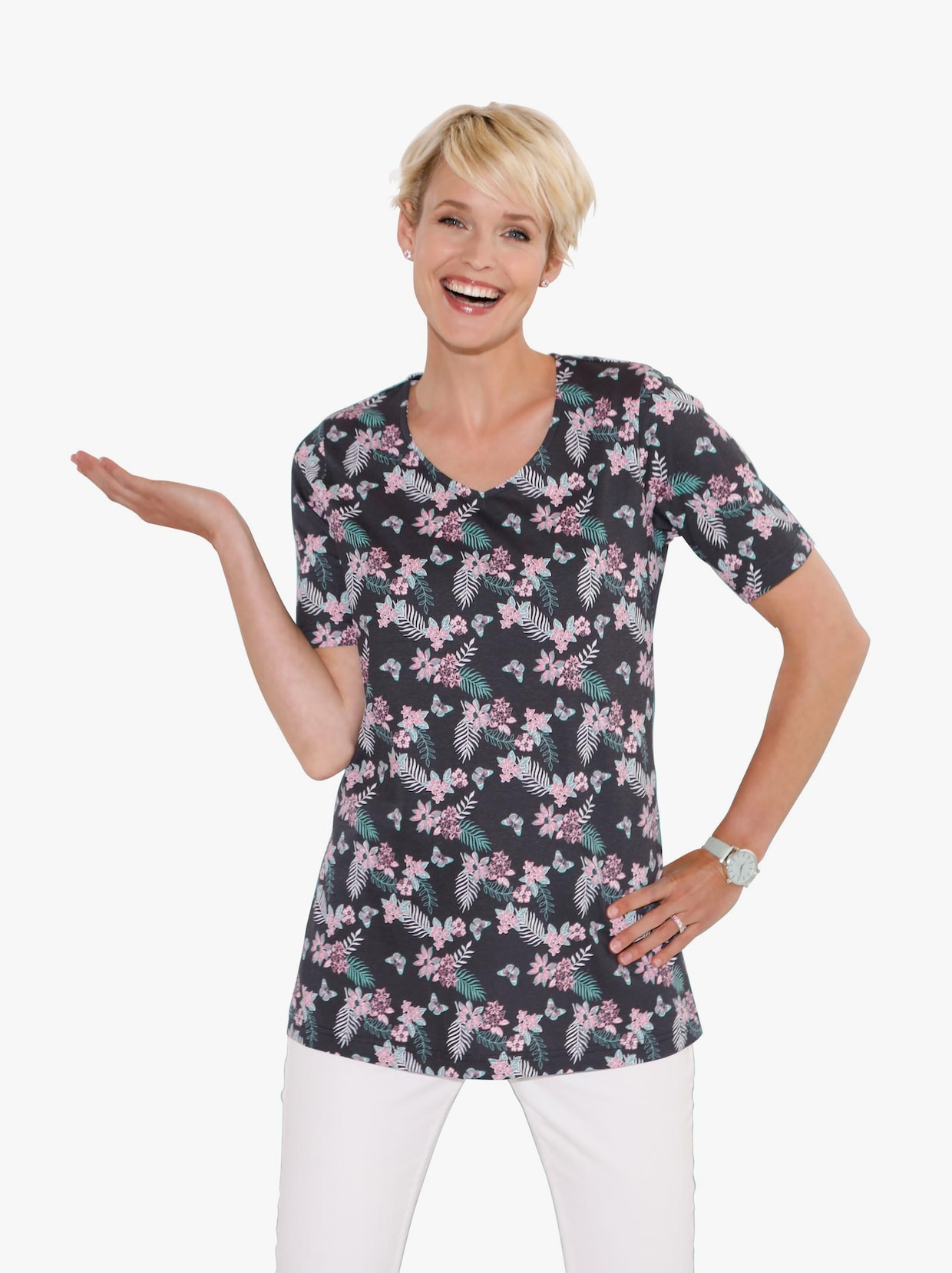 Longshirt - schwarz-altrosa-bedruckt