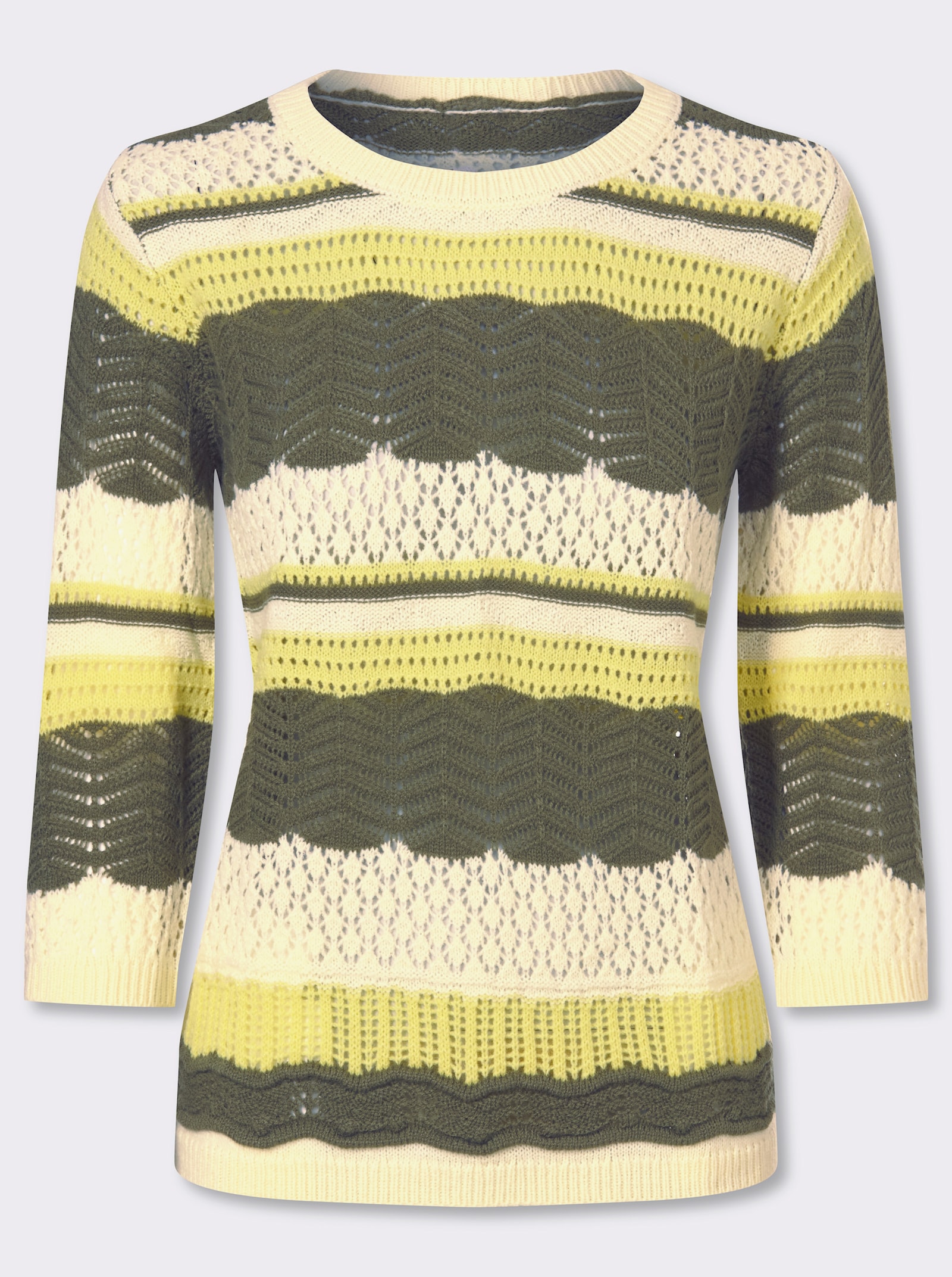 3/4 Arm-Pullover mit Ajour-Muster - khaki-zitrone-gemustert