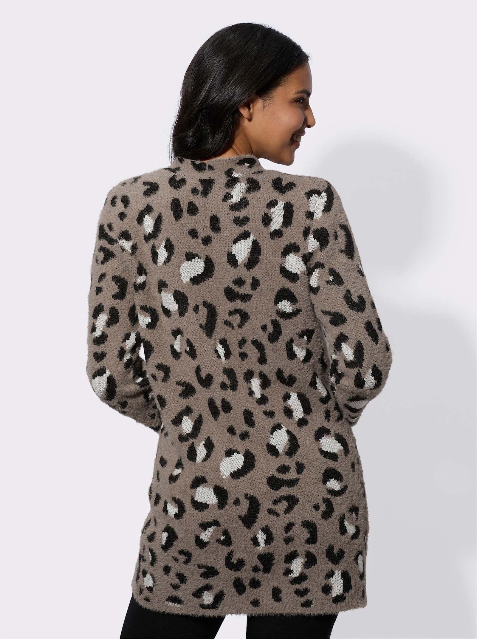 Jacquardstrickjacke im Leo-Muster - taupe-schwarz-gemustert