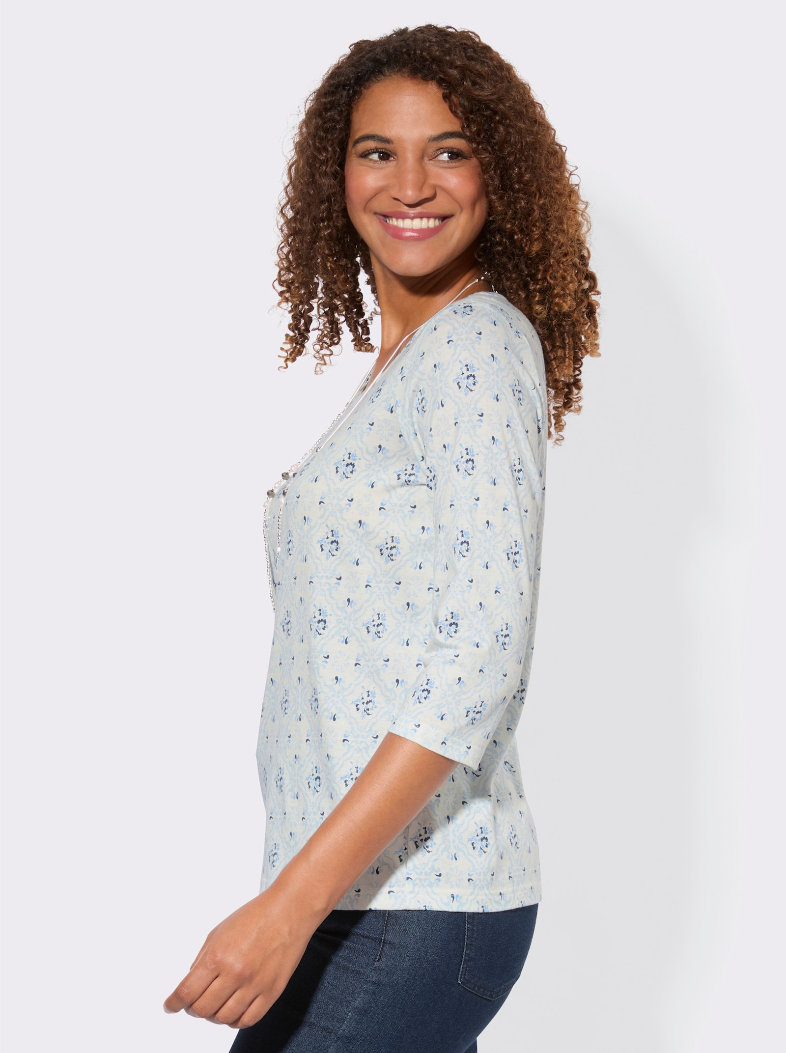 Print-Shirt mit Rundhals-Ausschnitt - ecru-dunkelblau-bedruckt