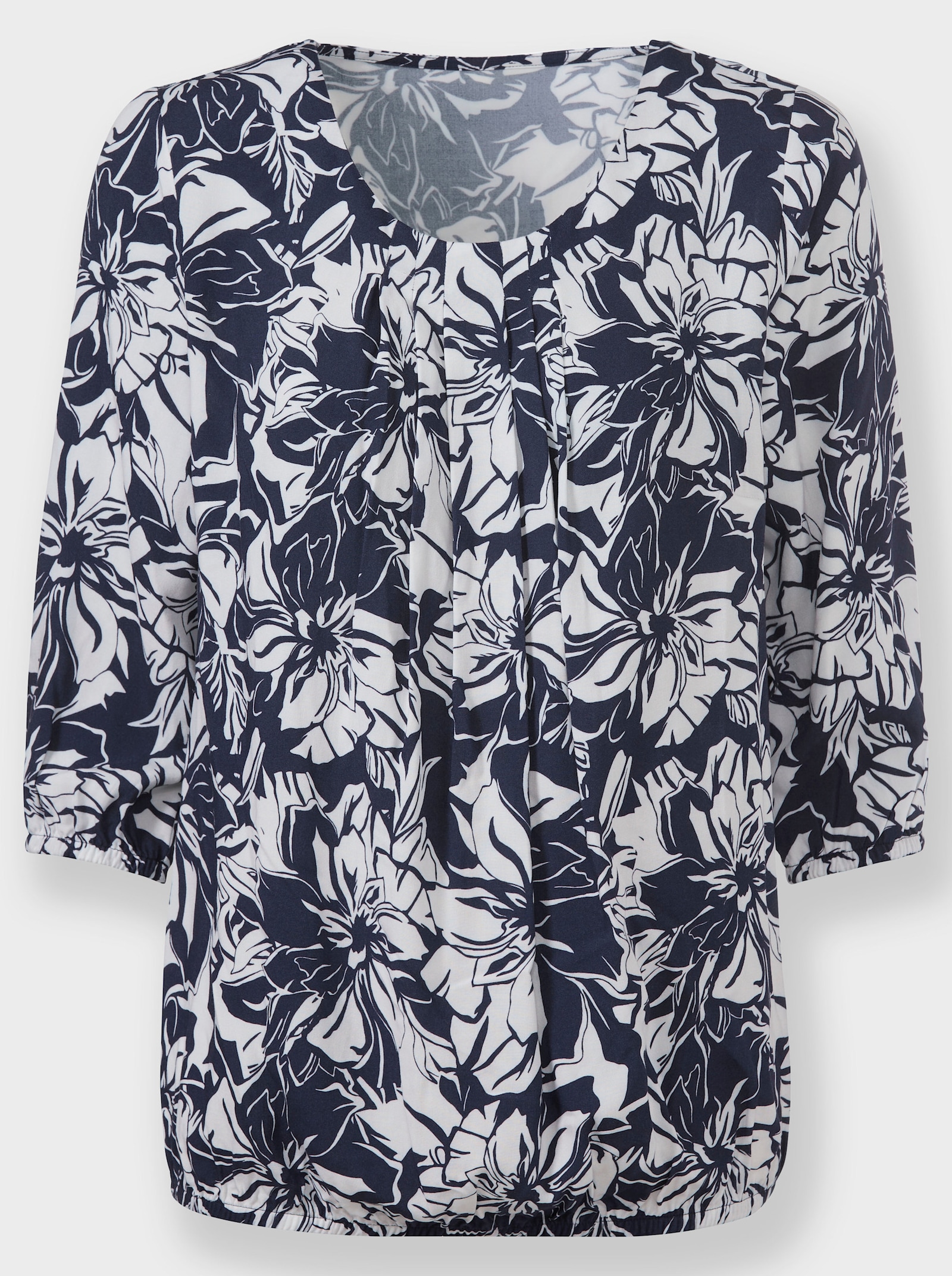 Druckbluse mit Faltenpartie am Ausschnitt - marine-ecru-bedruckt