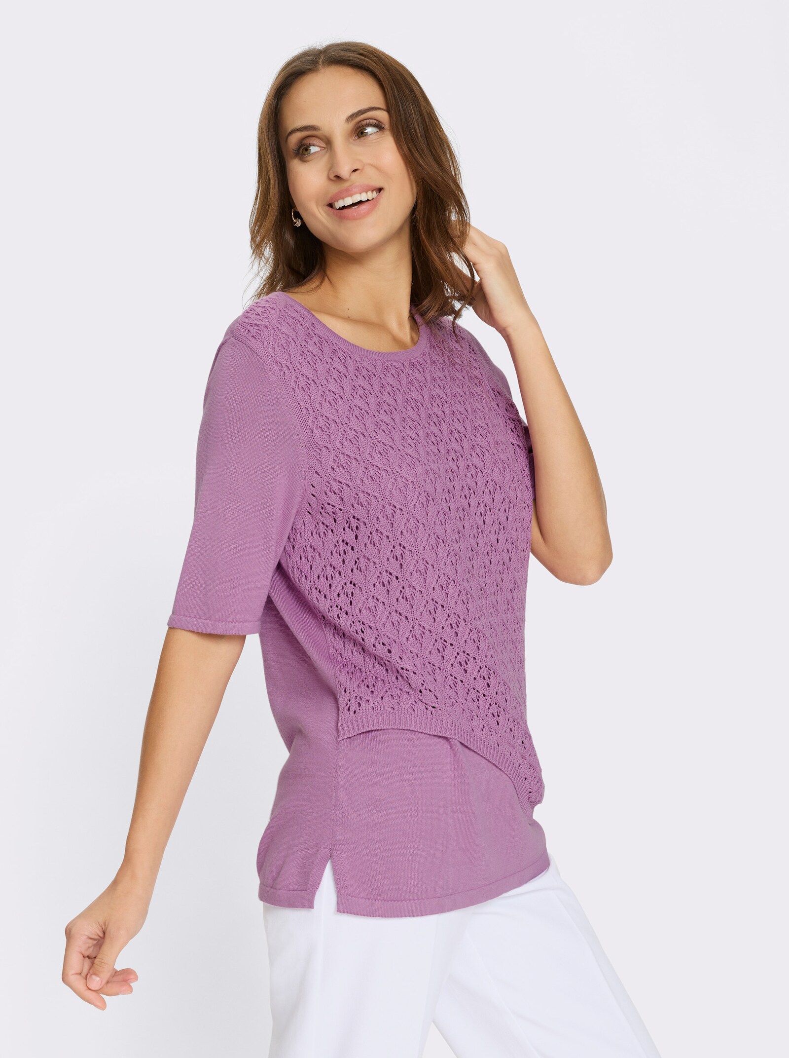 2-in-1-Pullover mit Ajourmuster-Einsatz - orchidee