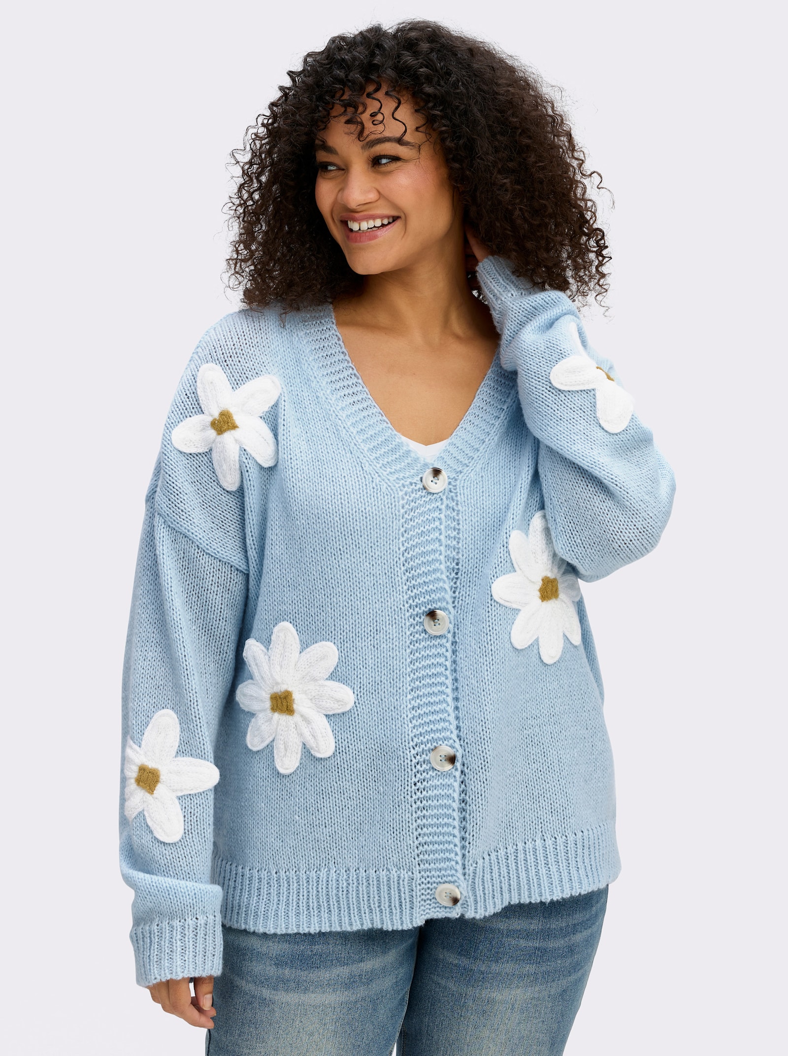 sheego by Joe Browns Strickjacke mit Blütenmuster - hellblau